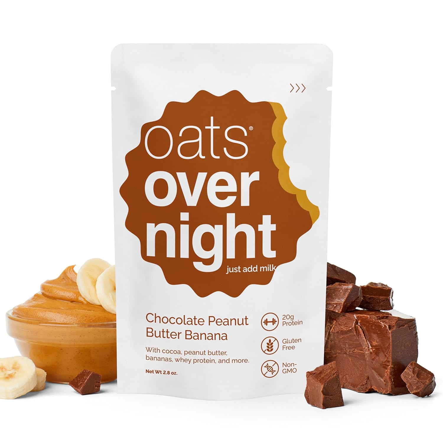Oats Overnight Chocolate Peanut Butter Banana - Overnight Oats with 20g Protein, High Fiber Breakfast Protein Shake - Gluten Free Oatmeal, Non GMO High Protein Oatmeal (2.8 oz per meal) (8 Pack)