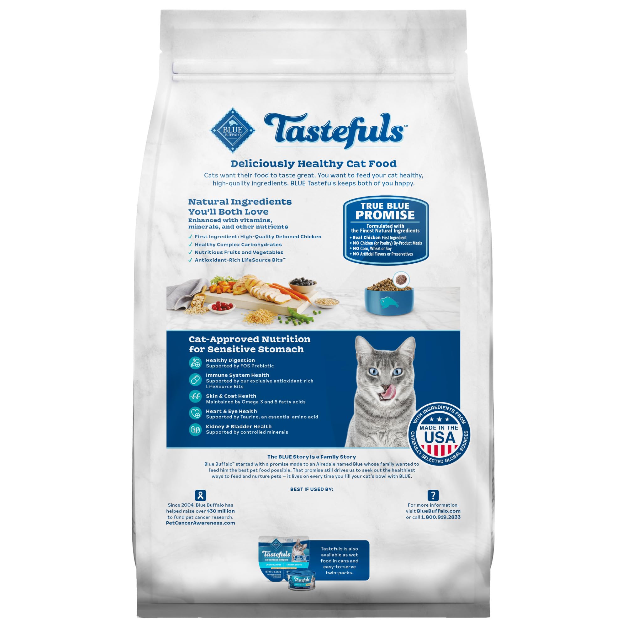 Blue Buffalo Tastefuls Adult Dry Cat Food Sensitive Stomach Formula, Made in the USA with Natural Ingredients, Chicken Recipe, 7-lb. Bag