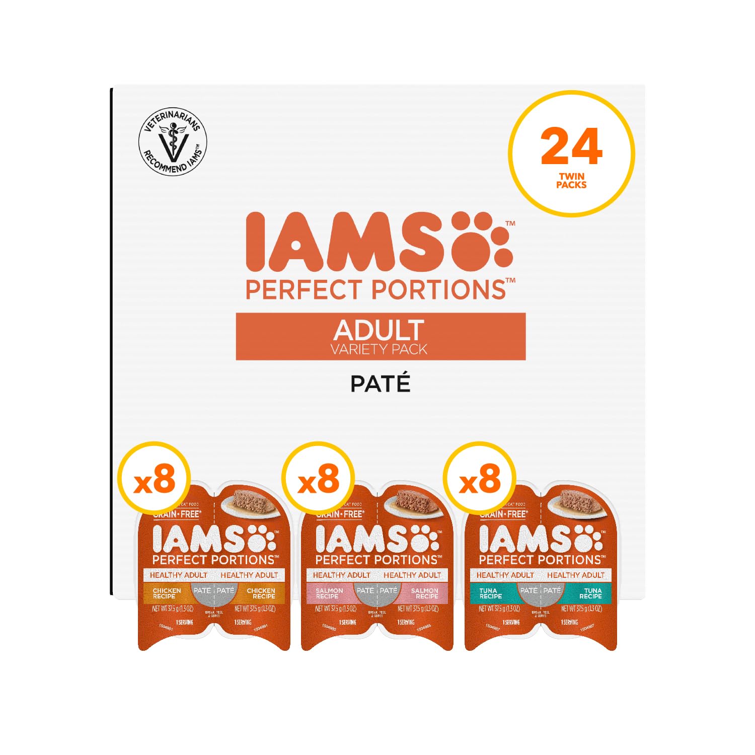 IAMS Perfect Portions Healthy Adult Wet Cat Food Pate, Chicken and Tuna Recipe Variety Pack, Easy Peel Twin-Pack Trays (12 Count, 24 Servings) (Pack of 2)