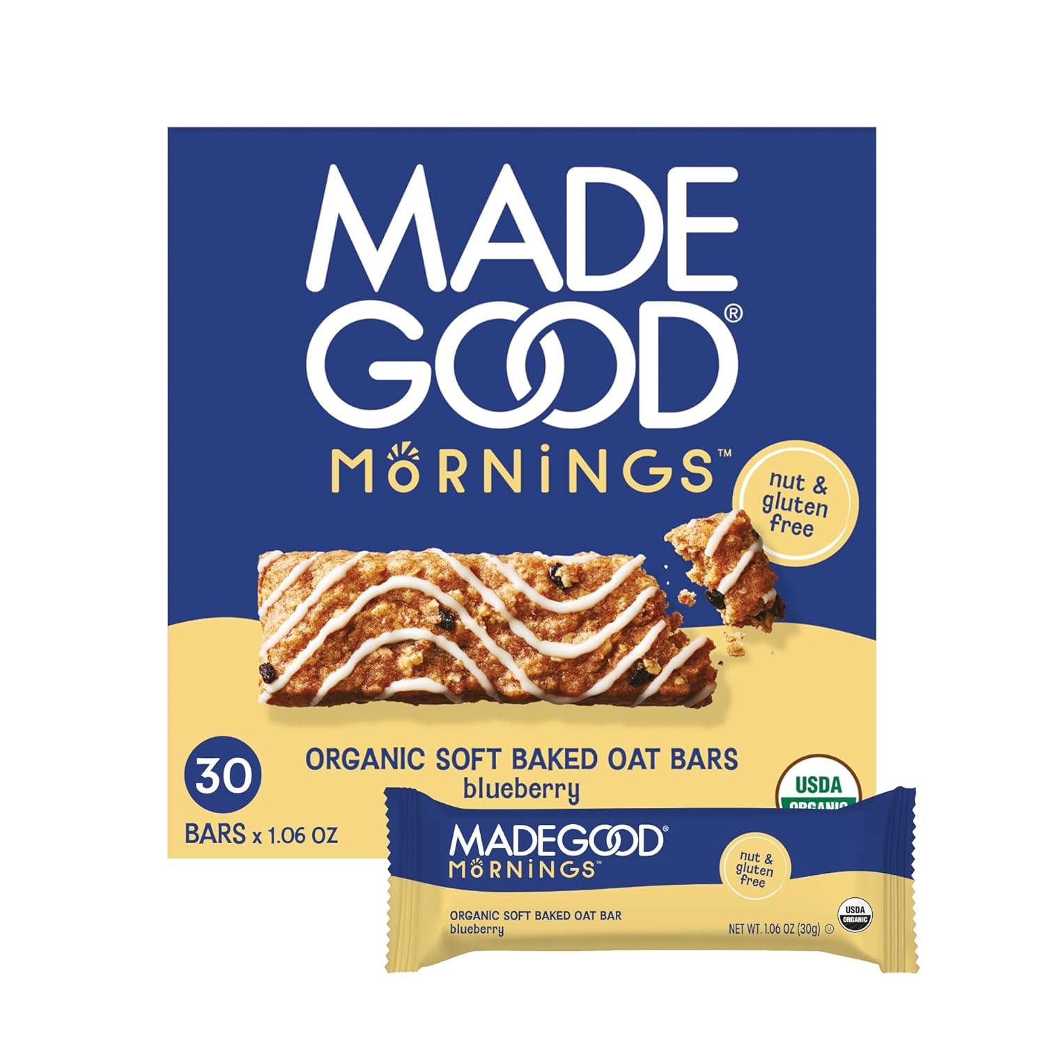 MadeGood Mornings Soft Baked Breakfast Bars, Cinnamon Bun 1.06 Oz (30 Count) Gluten Free Snacks