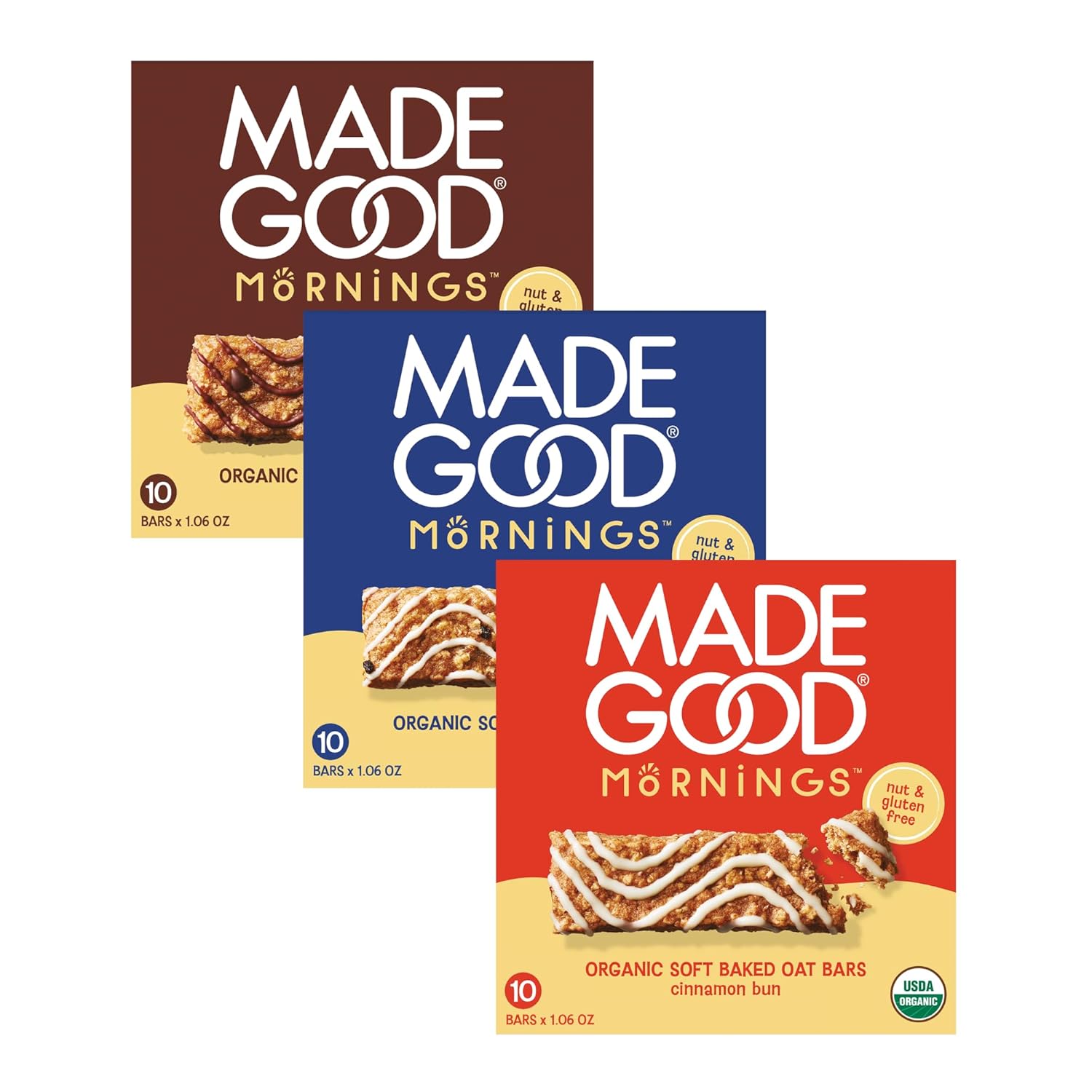 MadeGood Mornings Soft Baked Breakfast Bars, Cinnamon Bun 1.06 Oz (30 Count) Gluten Free Snacks