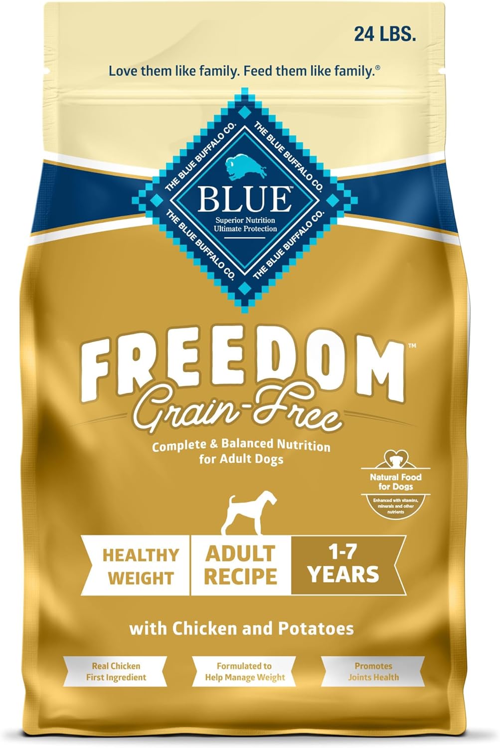 Blue Buffalo Freedom Grain-Free Healthy Weight Dry Dog Food, Complete & Balanced Nutrition for Adult Dogs, Made in The USA with Natural Ingredients, Chicken & Potatoes, 24-lb Bag
