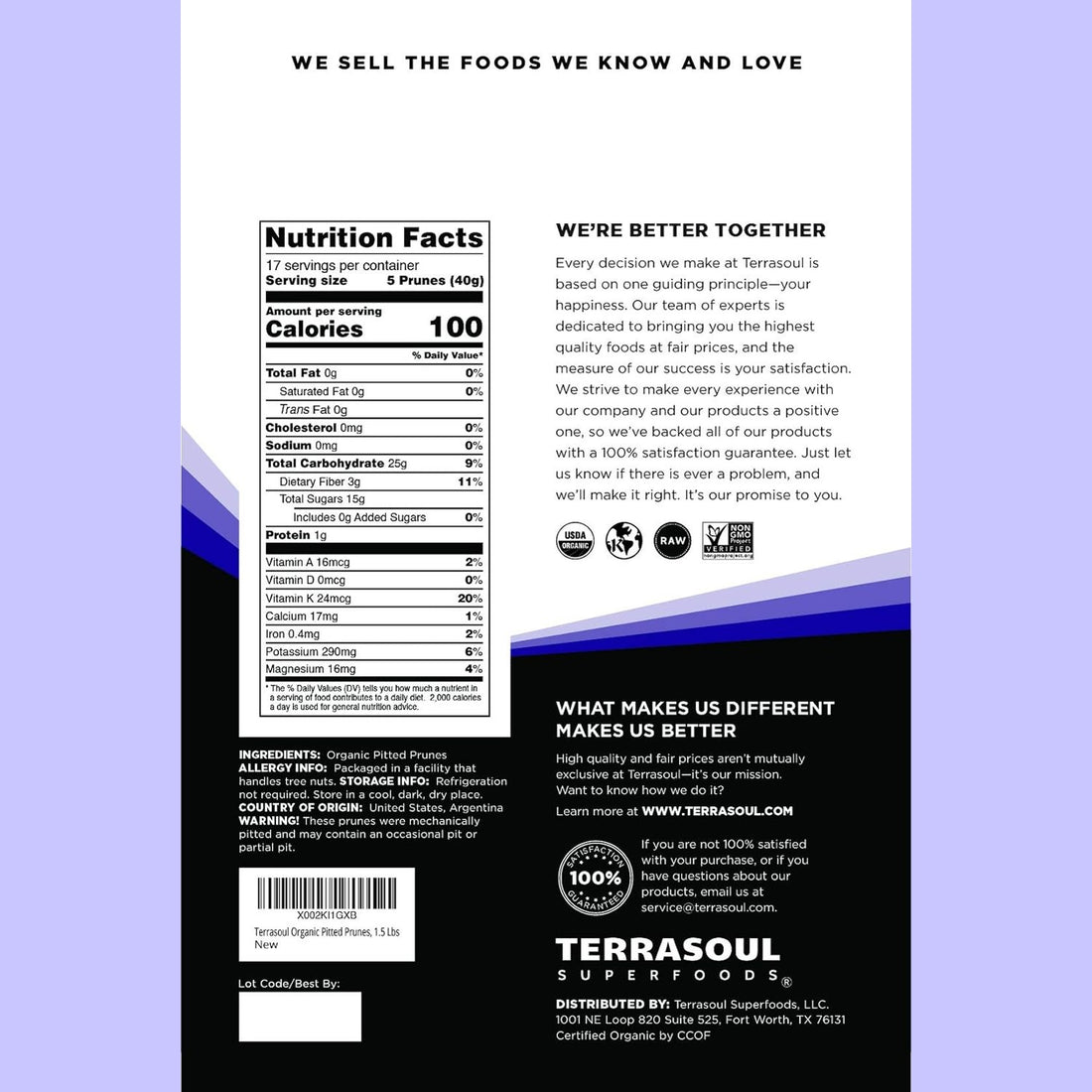 Terrasoul Superfoods Organic Dried Pitted Prunes, 1.5 Lbs - Fiber | Vitamin K | Preservative Free