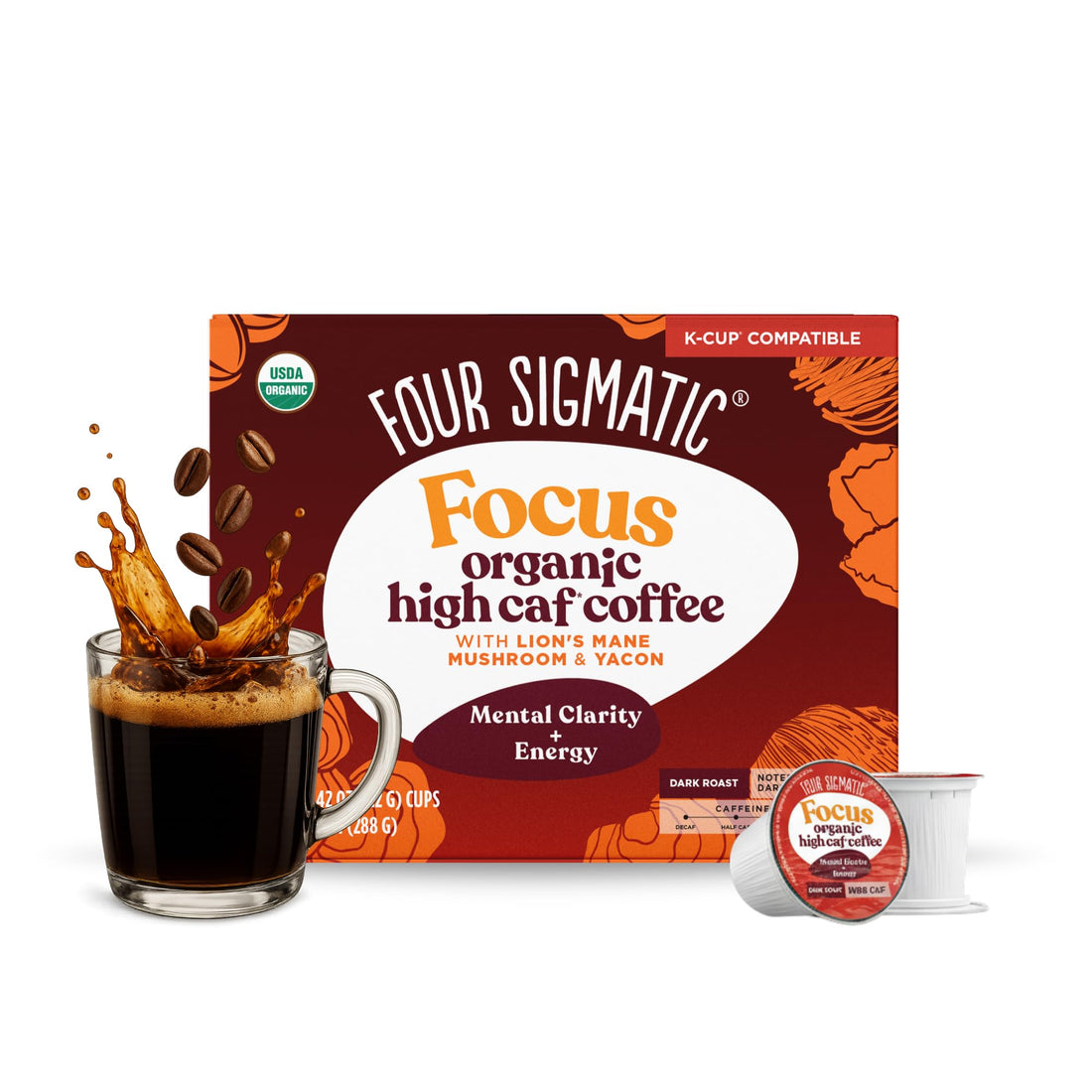 Four Sigmatic Mushroom Coffee K-Cups | Organic Dark Roast Coffee with Lion’s Mane Mushroom Powder & Yacon | Focus & Immune Support | Vegan & Keto | Sustainable Pods | 24 Count