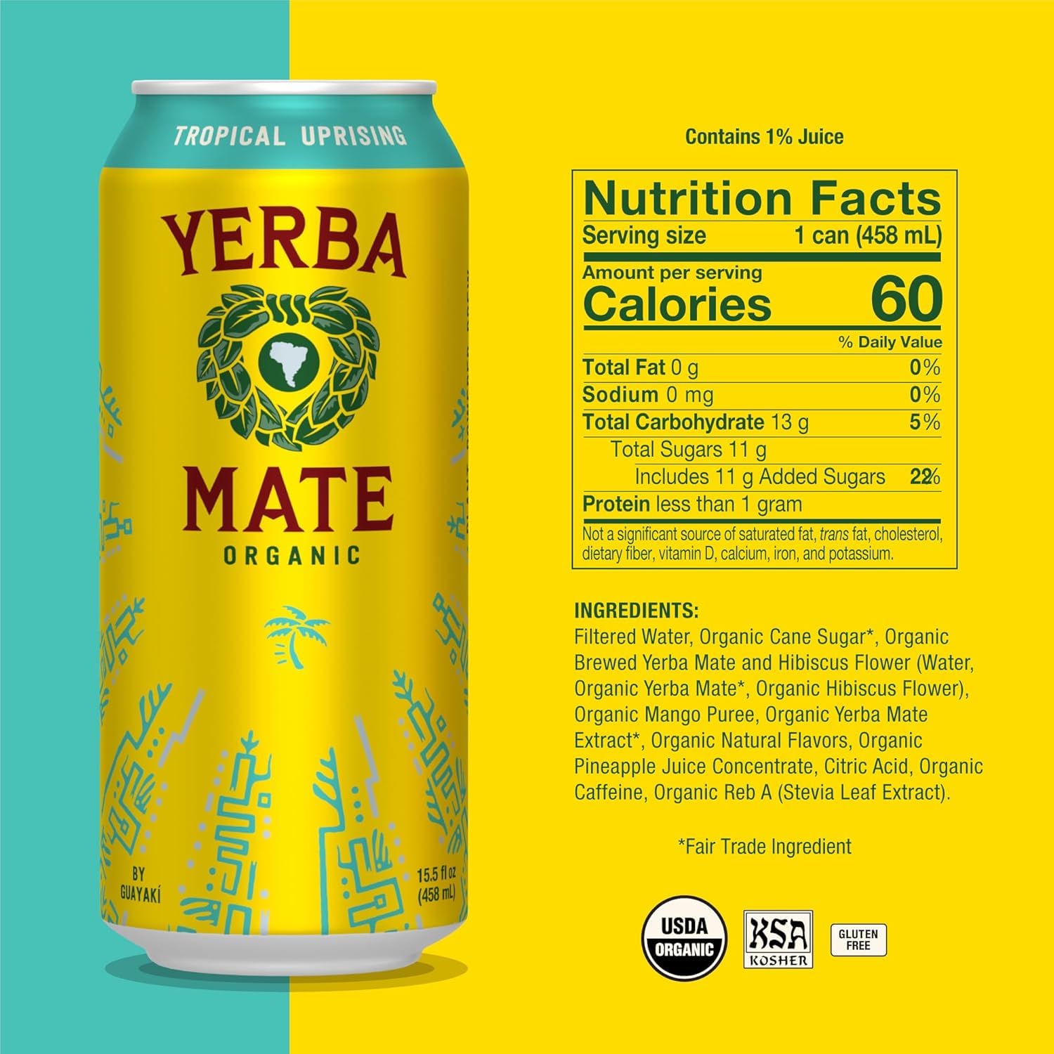 Yerba Madre Organic Yerba Mate, Enlighten Mint, 150mg Natural Caffeine, Energy Drink Alternative, No Jitters or Crash, 15.5 Oz Cans (Pack of 12)