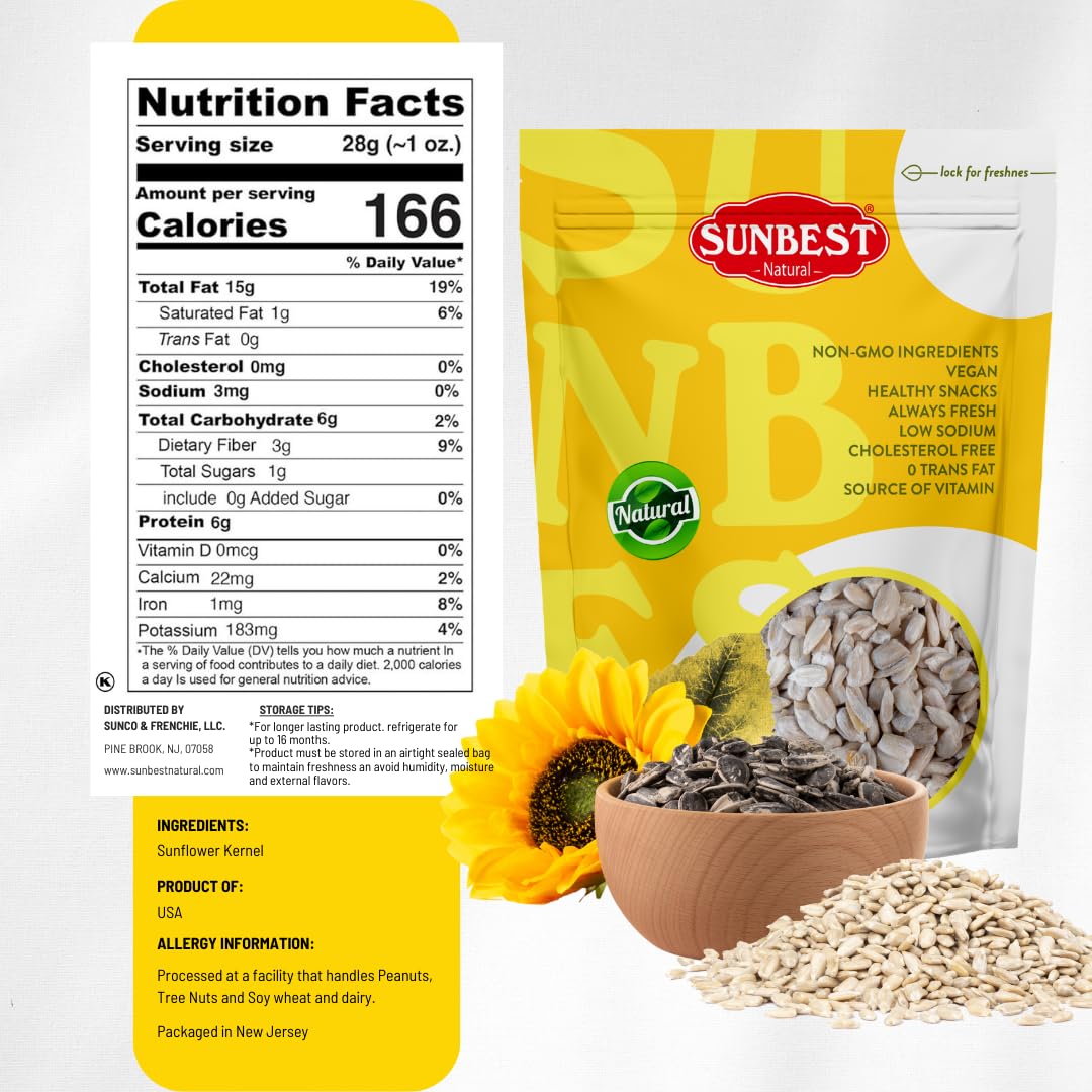 Sunbest Natural Raw Sunflower Seeds, 5 lbs – Unsalted & No Shell – Bulk Sunflower Seed Kernels to Eat – For Snacking, Baking & Topping – Road Trip, After School Snack for Kids & Adults – Kosher (80 oz)