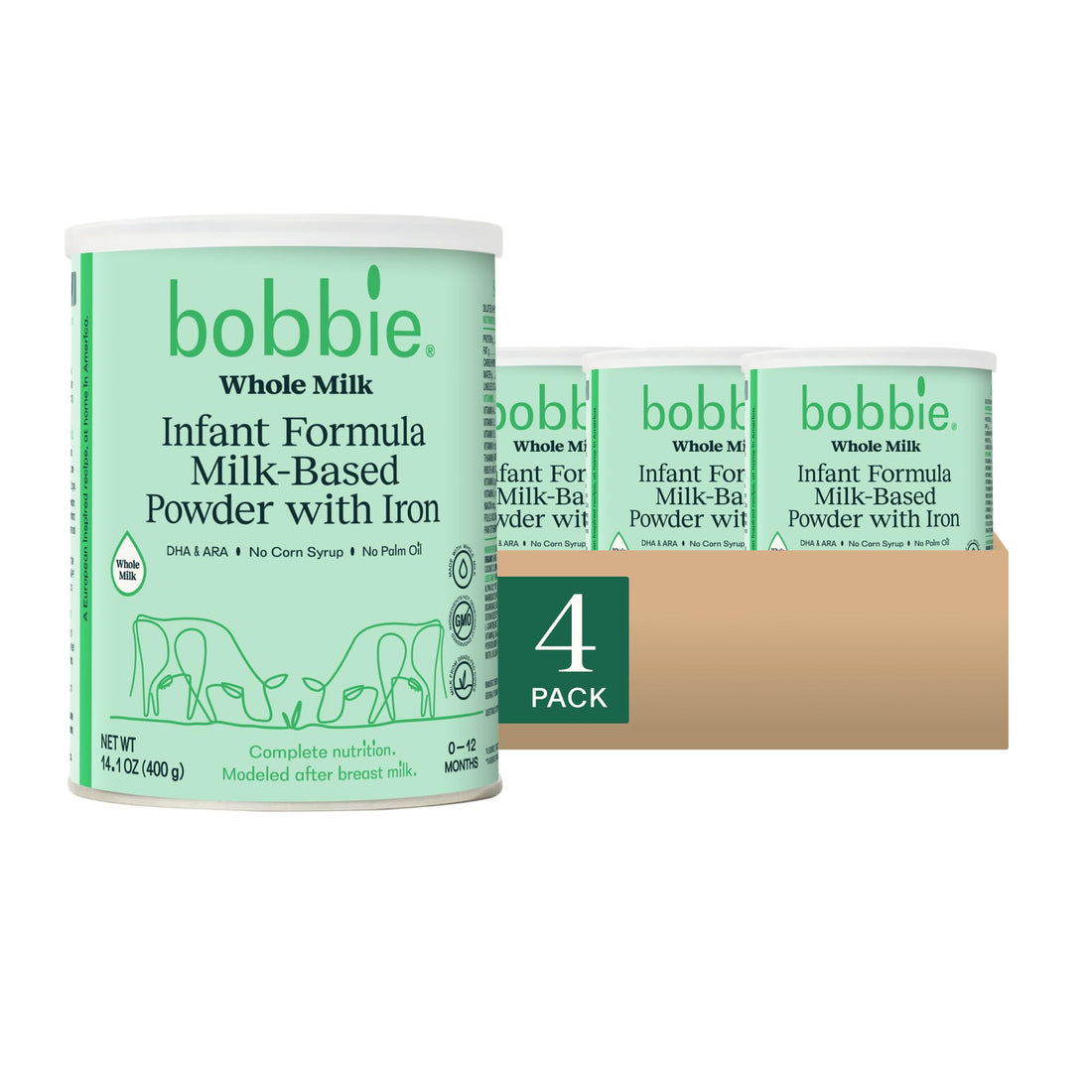 Bobbie Whole Milk, Grass Fed Baby Formula with Iron, Plant Based DHA and ARA, Vitamin D and Protein Blend Modeled After Breast Milk, For Newborn Baby to 12 Month Old, 14.1 oz