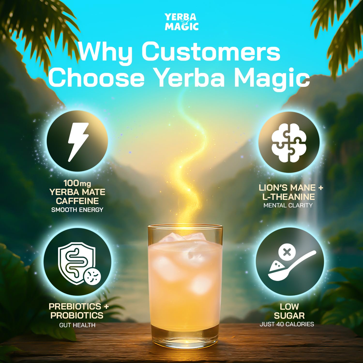 Yerba Magic – Yerba Mate Tea Instant Powder Super Drink with Nootropics, Prebiotics & Probiotics – Clean Energy, Mental Clarity & Gut Wellness | Low Sugar, Natural Caffeine – Peach Mango, 30 Servings