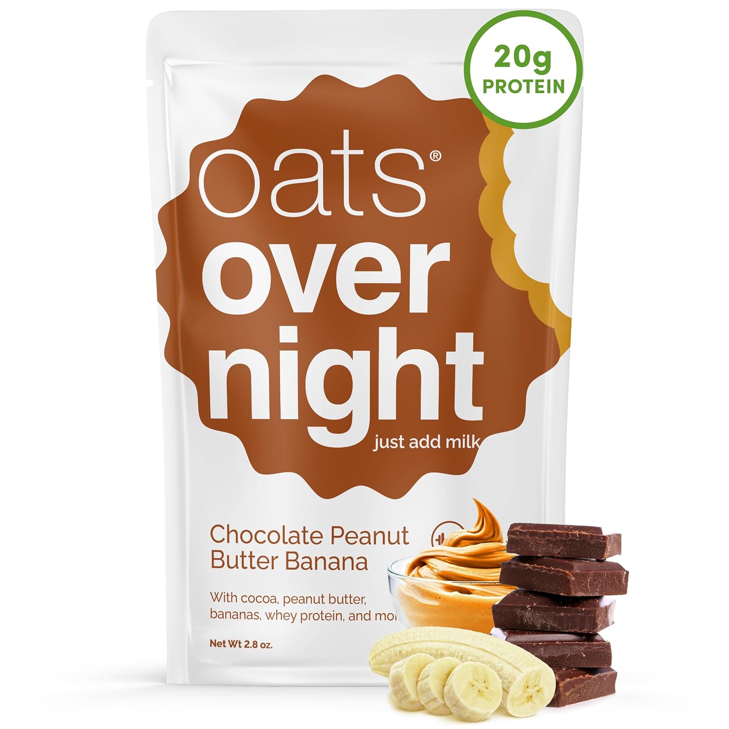 Oats Overnight Chocolate Peanut Butter Banana - Overnight Oats with 20g Protein, High Fiber Breakfast Protein Shake - Gluten Free Oatmeal, Non GMO High Protein Oatmeal (2.8 oz per meal) (8 Pack)