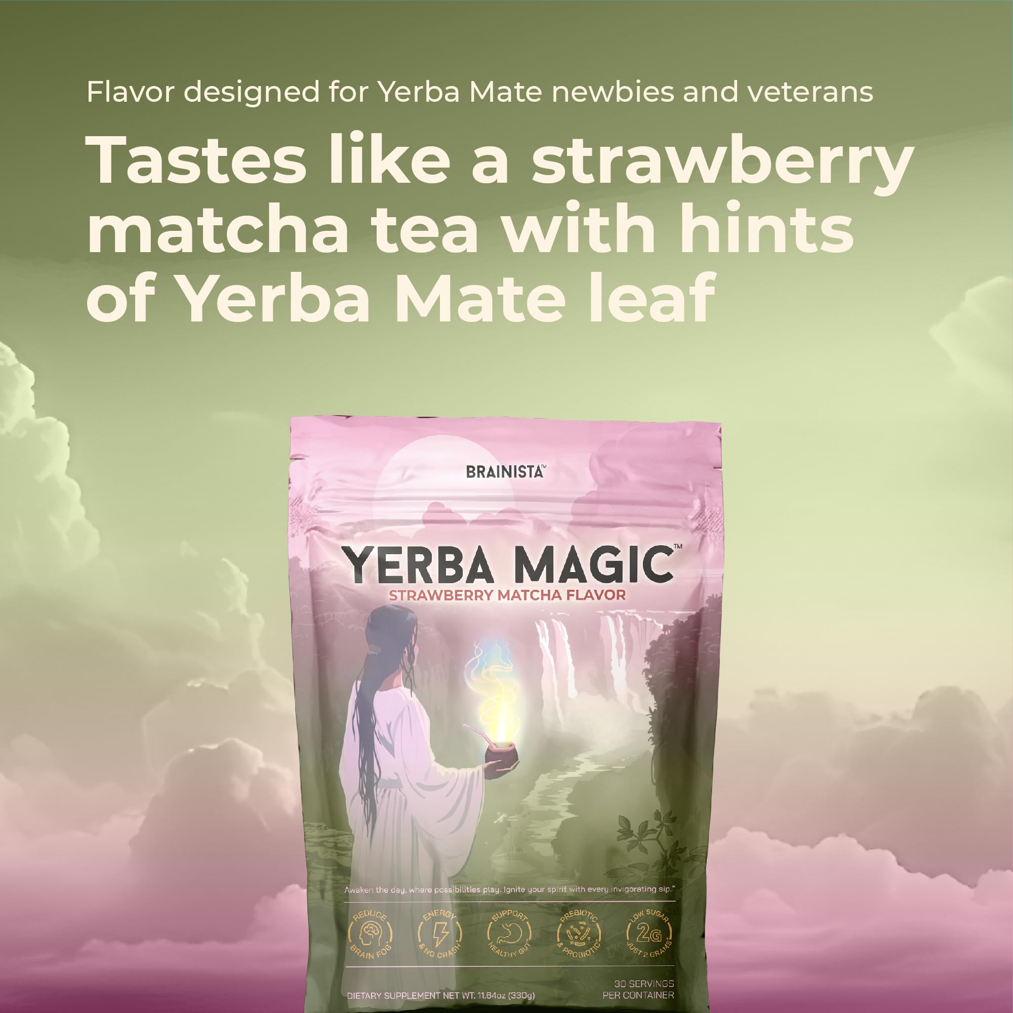 Yerba Magic – Yerba Mate Tea Instant Powder Super Drink with Nootropics, Prebiotics & Probiotics – Clean Energy, Mental Clarity & Gut Wellness | Low Sugar, Natural Caffeine – Peach Mango, 30 Servings