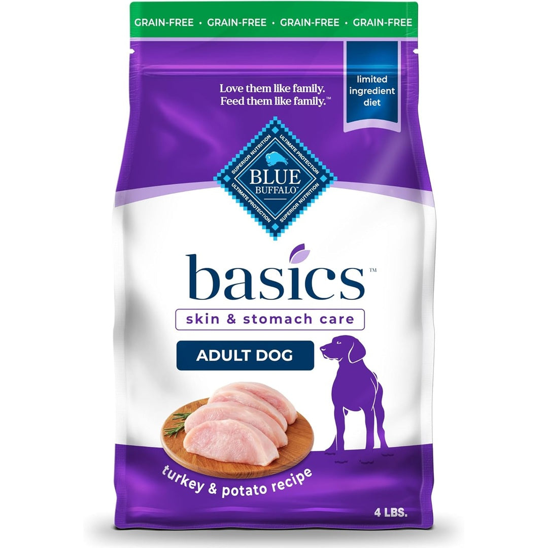 Blue Buffalo Basics Grain-Free Adult Dry Dog Food, Skin & Stomach Care, Limited Ingredient Diet for Dogs, Turkey Recipe, 4-lb. Bag