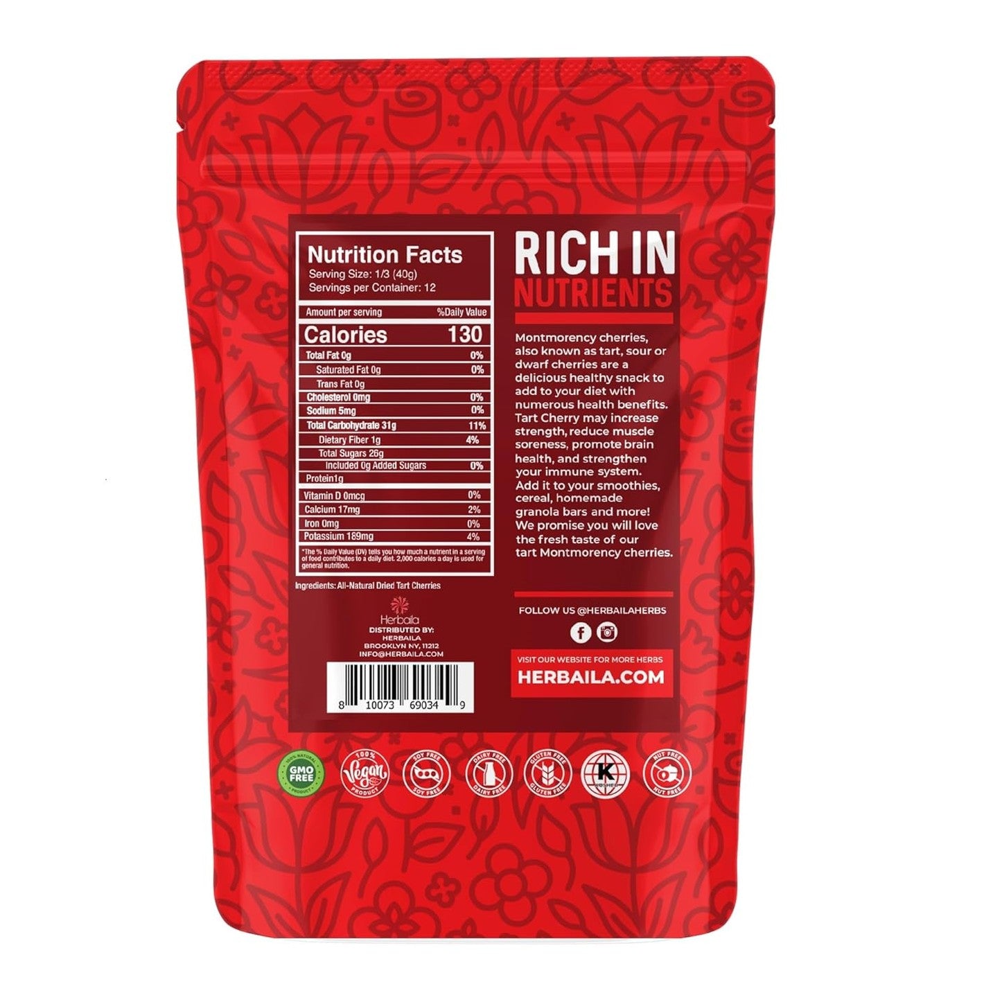 Herbaila Dried Cherries Tart Cherry, Montmorency Tart Cherries, Dried Sour Cherries Fresh, Montmorency Dried Tart Cherries, Dried Cherries, All-Natural Whole Sour Cherry (1lb)