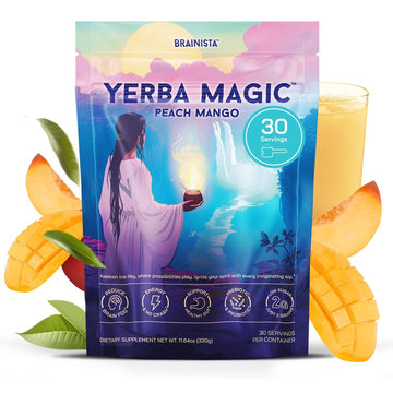 Yerba Magic – Yerba Mate Tea Instant Powder Super Drink with Nootropics, Prebiotics & Probiotics – Clean Energy, Mental Clarity & Gut Wellness | Low Sugar, Natural Caffeine – Peach Mango, 30 Servings