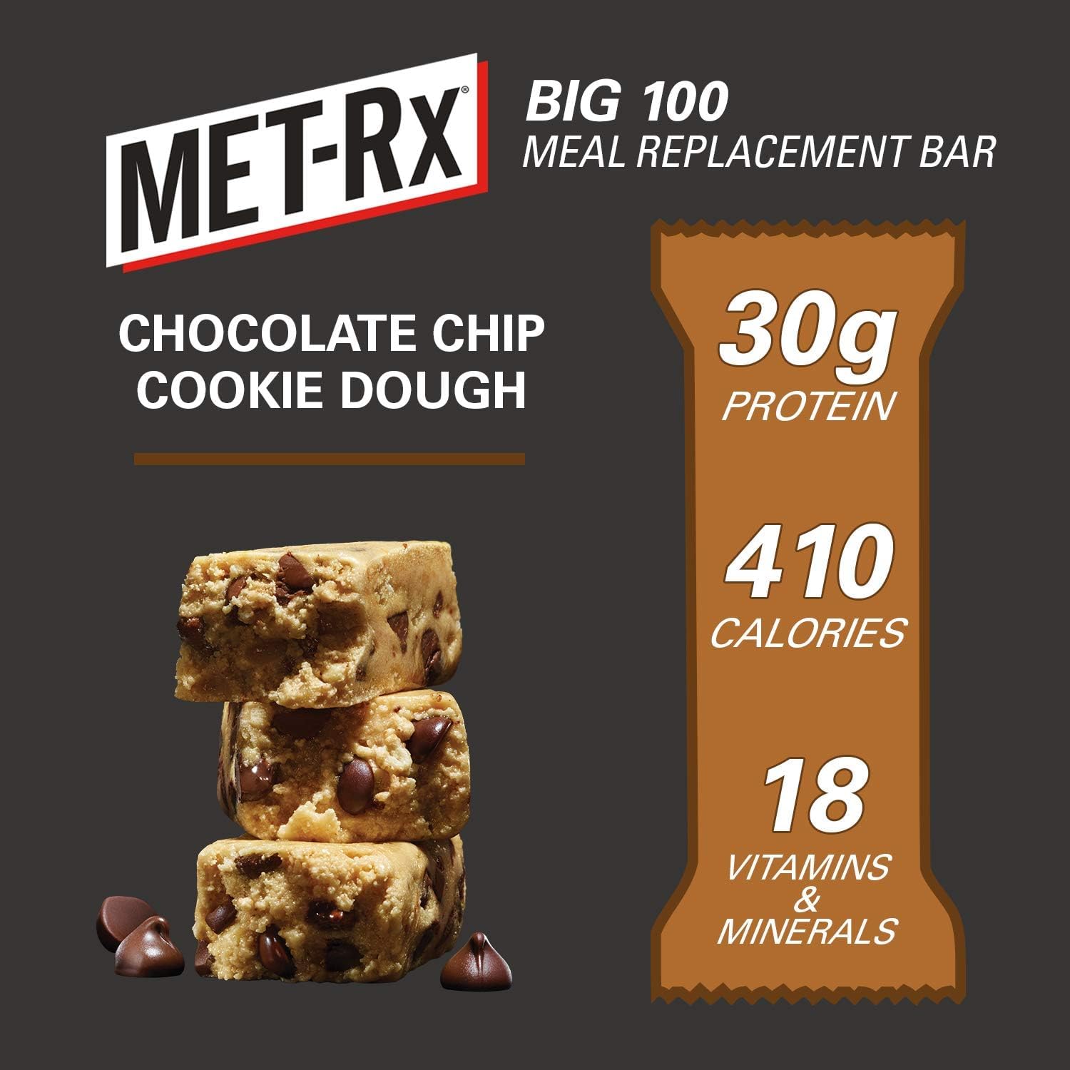 MET-Rx Big 100 Protein Bar, Meal Replacement Bar, 32G Protein, Super Cookie Crunch, 9 Bars (Pack of 1)