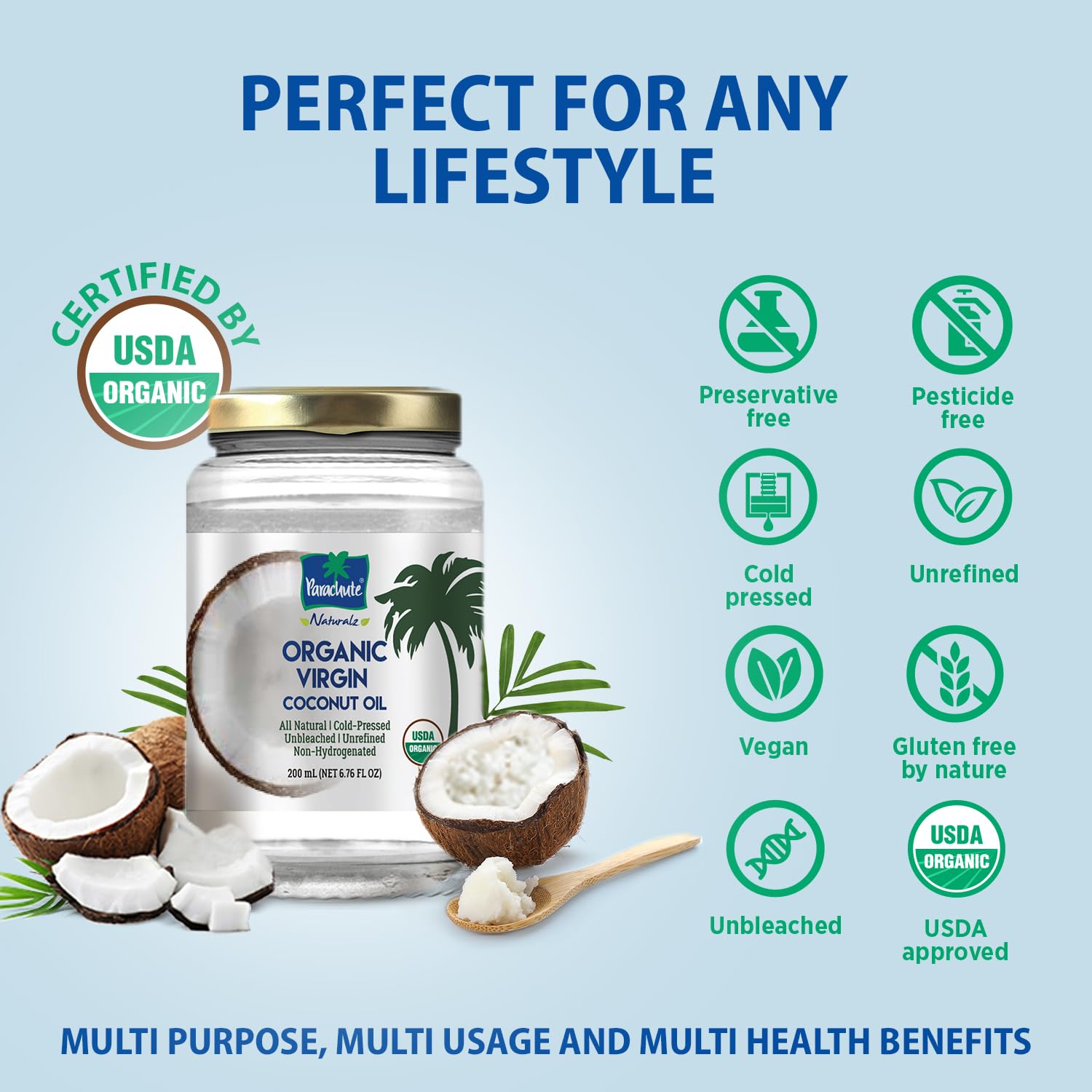 Parachute Naturalz Organic Virgin Coconut Oil | For Cooking, Hair, Body & Oil Pulling | Cold Pressed | Unbleached | Unrefined | Non-Hydrogenated | MCT Oil | USDA Certified |16 Fl.Oz | Glass Jar