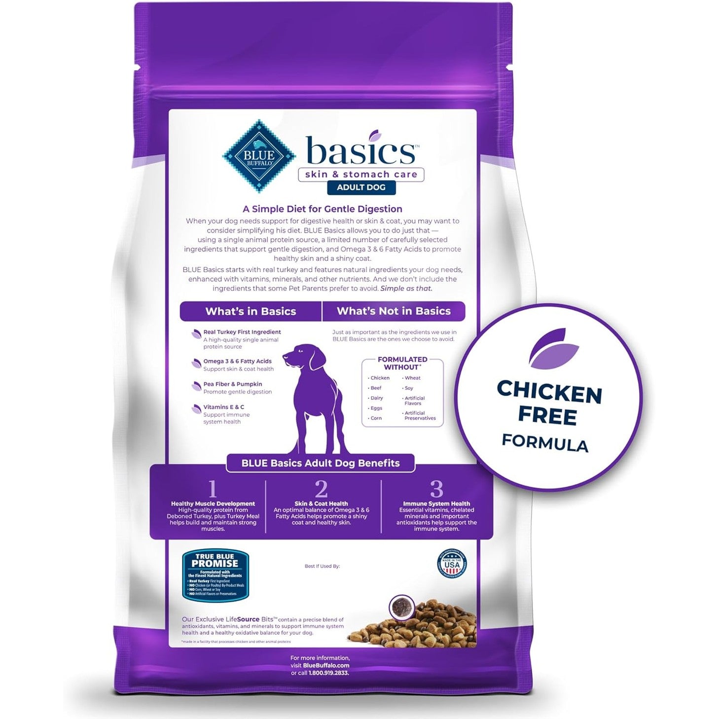 Blue Buffalo Basics Grain-Free Adult Dry Dog Food, Skin & Stomach Care, Limited Ingredient Diet for Dogs, Turkey Recipe, 4-lb. Bag