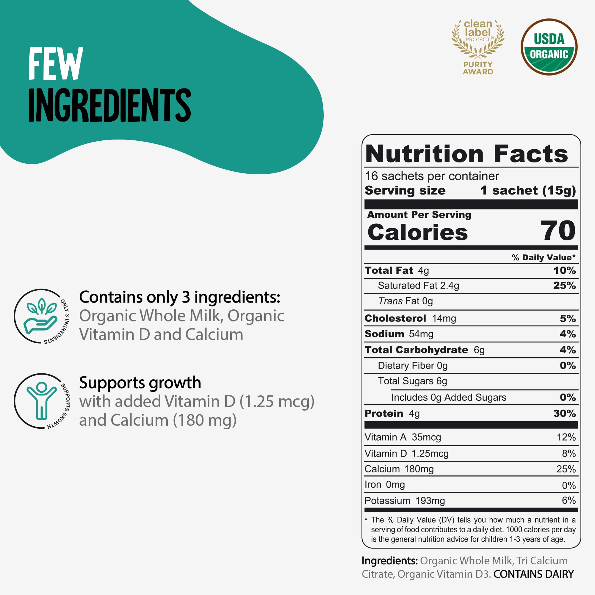 Voyager Toddler Milk On The Go, USDA Organic Shelf Stable Whole Milk Powder, Great for Travel, No Refrigeration, Gluten Free with No GMO's and No Antibiotics for Kids, 16 Sachets of 15g