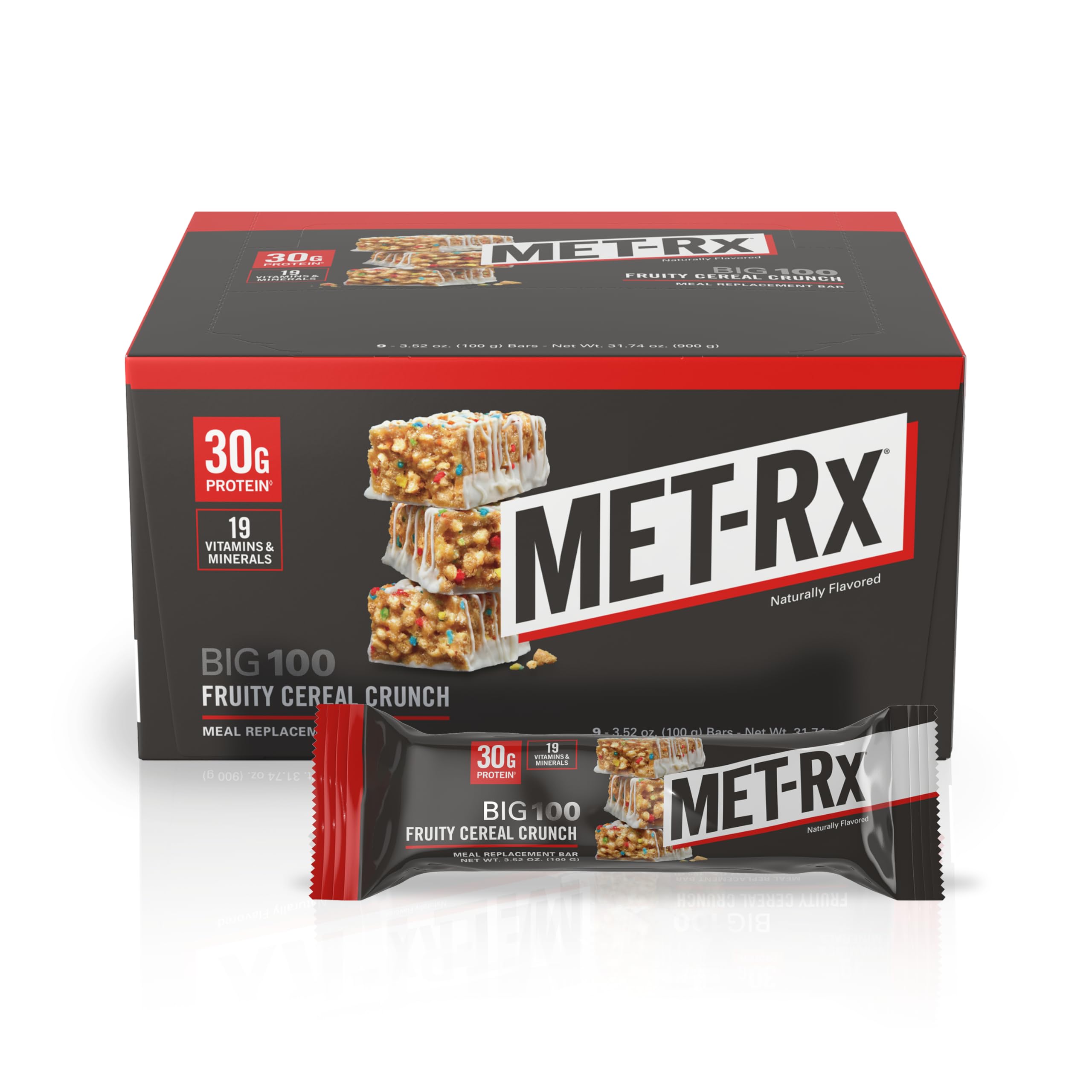 MET-Rx Big 100 Protein Bar, Meal Replacement Bar, 32G Protein, Super Cookie Crunch, 9 Bars (Pack of 1)