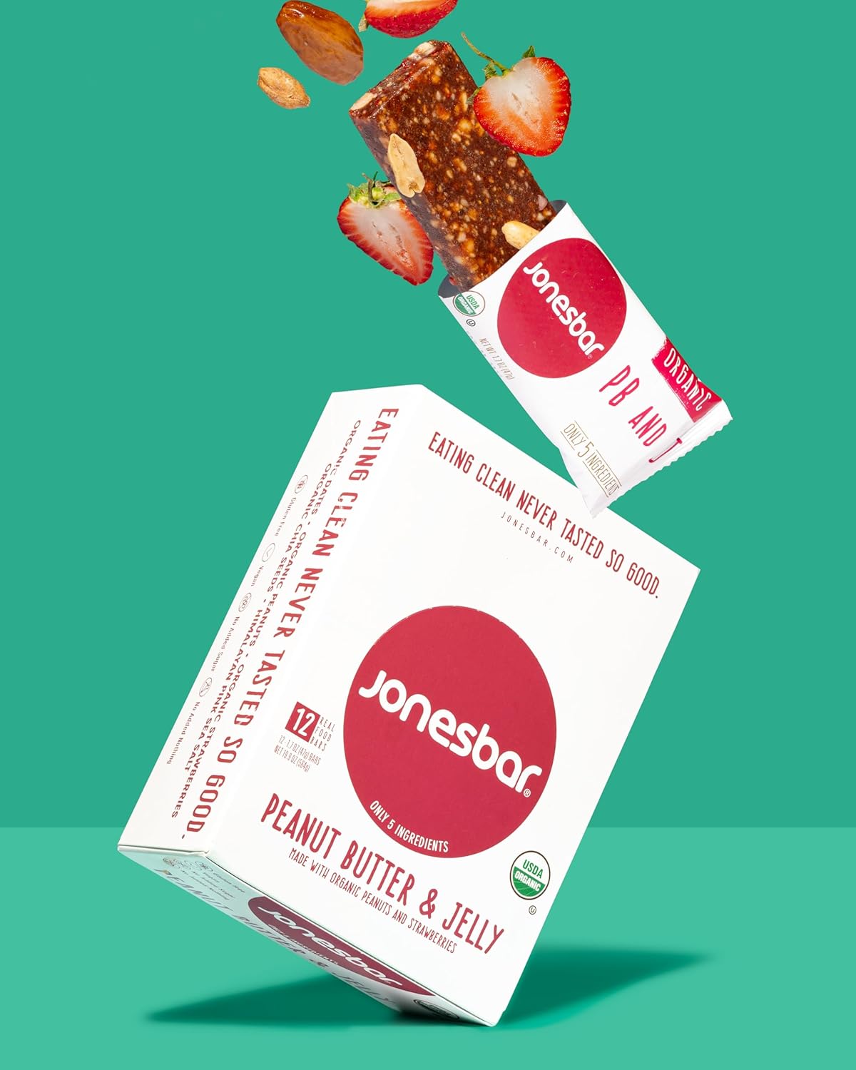 JONESBAR Organic Plant Based Protein Bars | Peanut Butter and Jelly | Fruit & Nut Bar, Kosher, Gluten Free, Breakfast Bars, School Snacks, Vegan Snack & Healthy Snacks for Adults and Kids (Pack of 12)