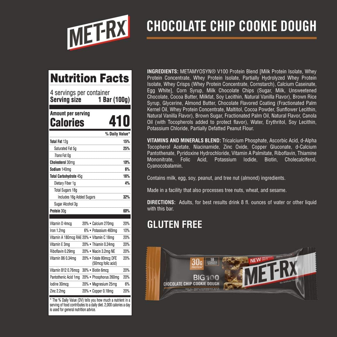 MET-Rx Big 100 Protein Bar, Meal Replacement Bar, 32G Protein, Super Cookie Crunch, 9 Bars (Pack of 1)