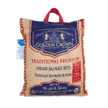 Golden Crown Traditional Premium Basmati Rice - 160 oz (10LB) | Naturally Aromatic & Aged Gluten | Chemical + Fat-Free Extra Long Authentic Fragrant | Fiber Vegan Halal Kosher Whole grains