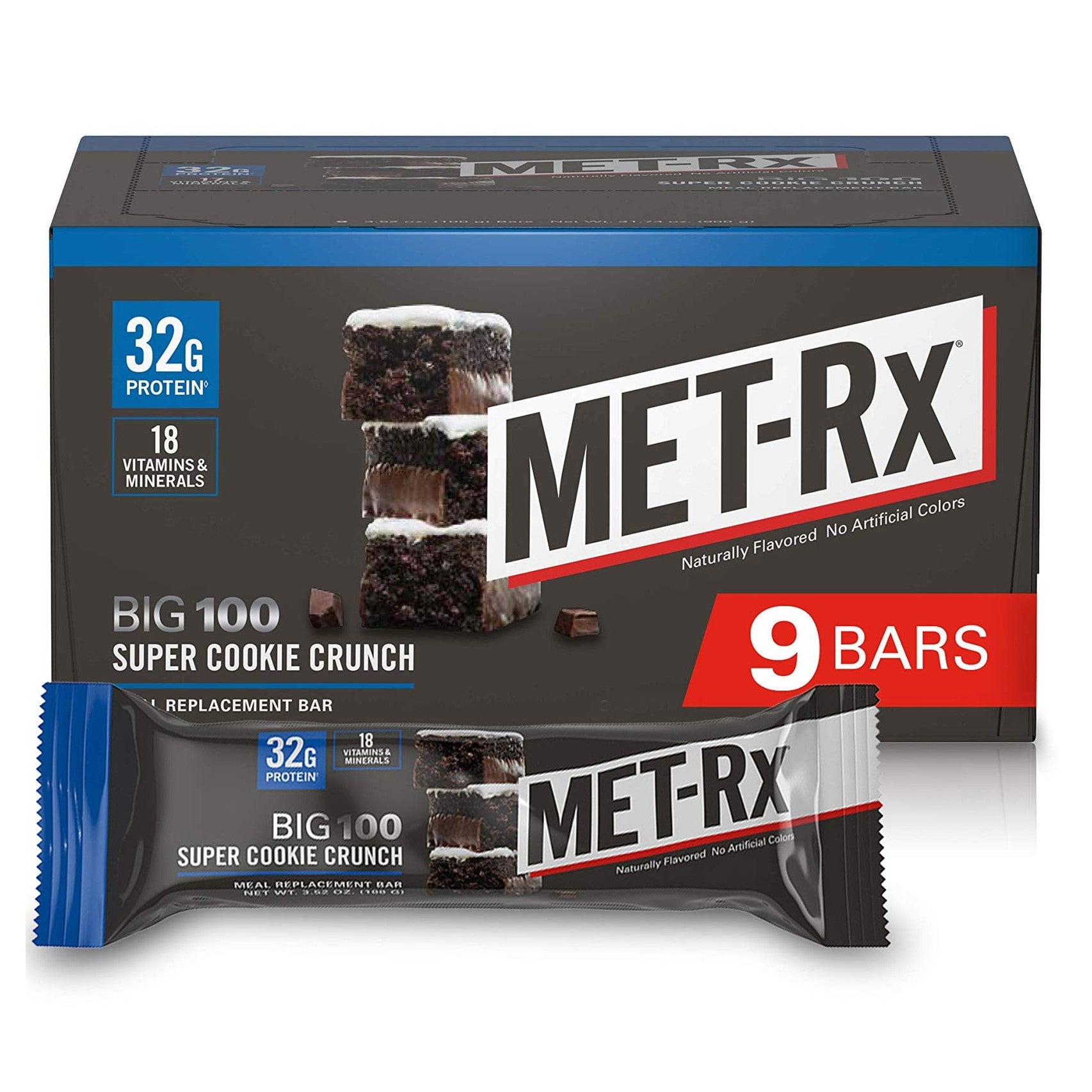 MET-Rx Big 100 Protein Bar, Meal Replacement Bar, 32G Protein, Super Cookie Crunch, 9 Bars (Pack of 1)