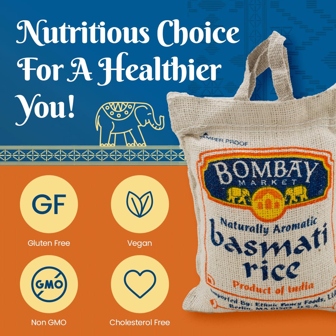 Bombay Market White Basmati Rice - Aromatic & Nutty Flavor Basmati Rice - Long Grain Rice Basmati (4 Pound Bag)