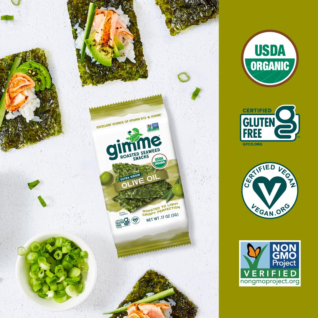 Gimme Seaweed Organic Premium Roasted Seaweed Snacks, Sea Salt, 20 Count, Keto, Vegan, Gluten-Free, Great Source of Omega3s and Iodine, Healthy On-The-Go Snack for Kids and Adults