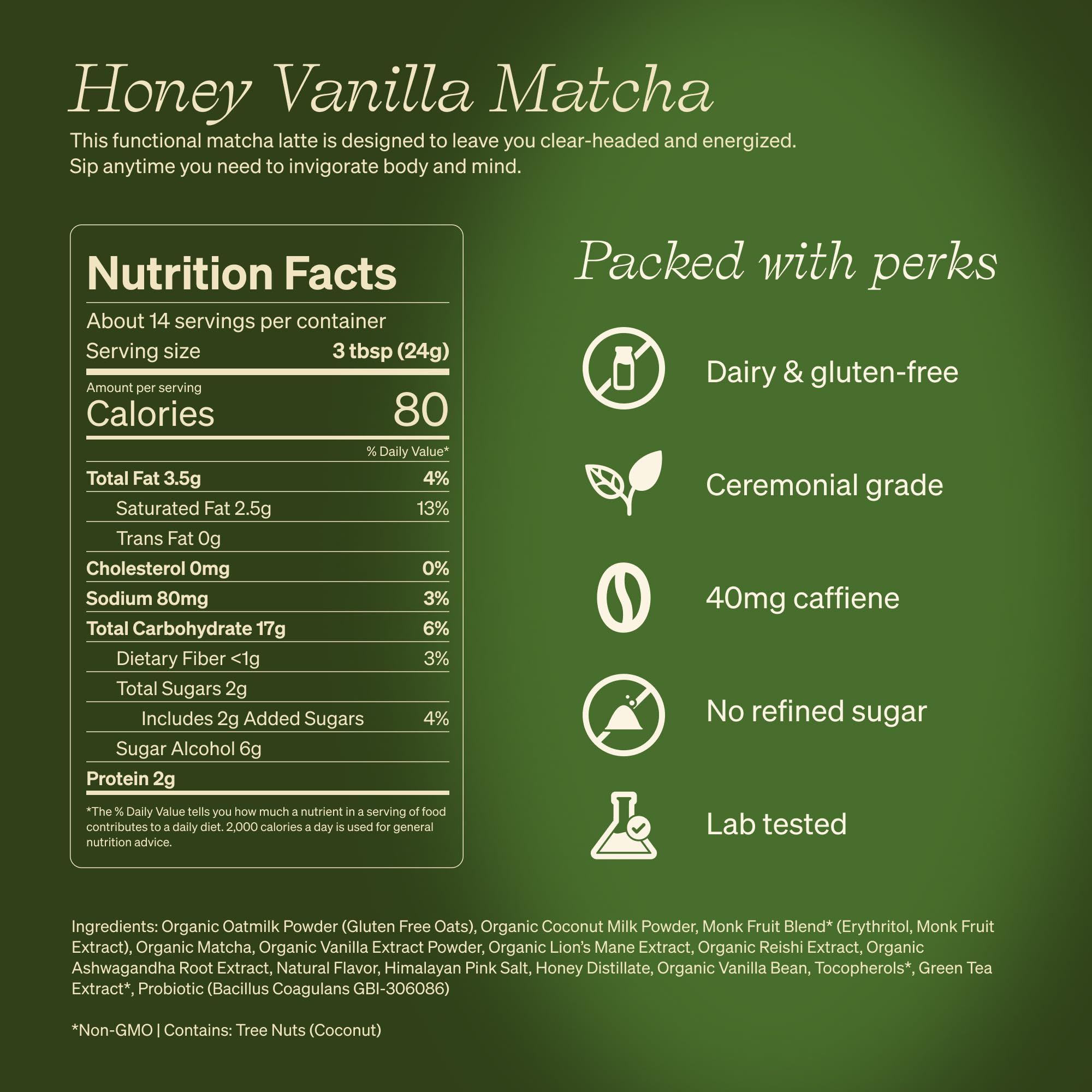 Clevr Organic Matcha Green Tea Latte, Instant Ceremonial Grade, Superfood Powder Blend with Oat Milk, Lions Mane, Reishi Mushroom, Coconut Cream, Ashwagandha, Serve Hot or Iced, (14 Lattes)