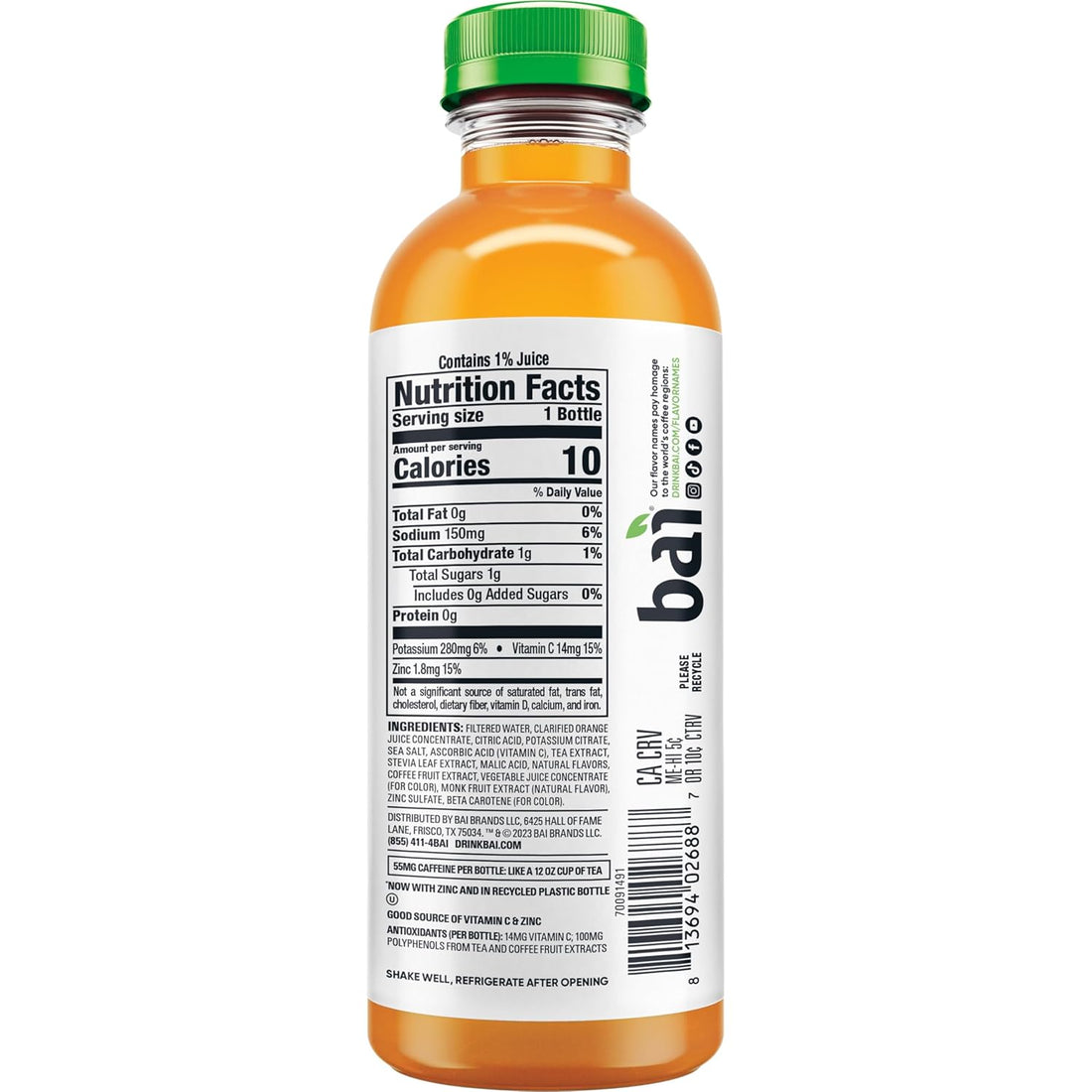 Bai Antioxidant Infused Water Beverage, Costa Rica Clementine, with Vitamin C and No Artificial Sweeteners, 18 Fluid Ounce Bottle, 12 Pack