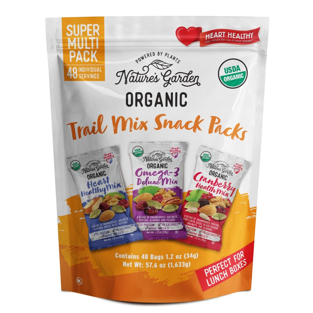 Nature's Garden Organic Trail Mix Snack Packs - Trail Mix Variety, Energy Boosting, Heart Healthy, Omega-3 Rich, Cranberries, Pumpkin Seeds, Individual Packs, Family - 1.2 Oz Bags (48 Individual Servings)