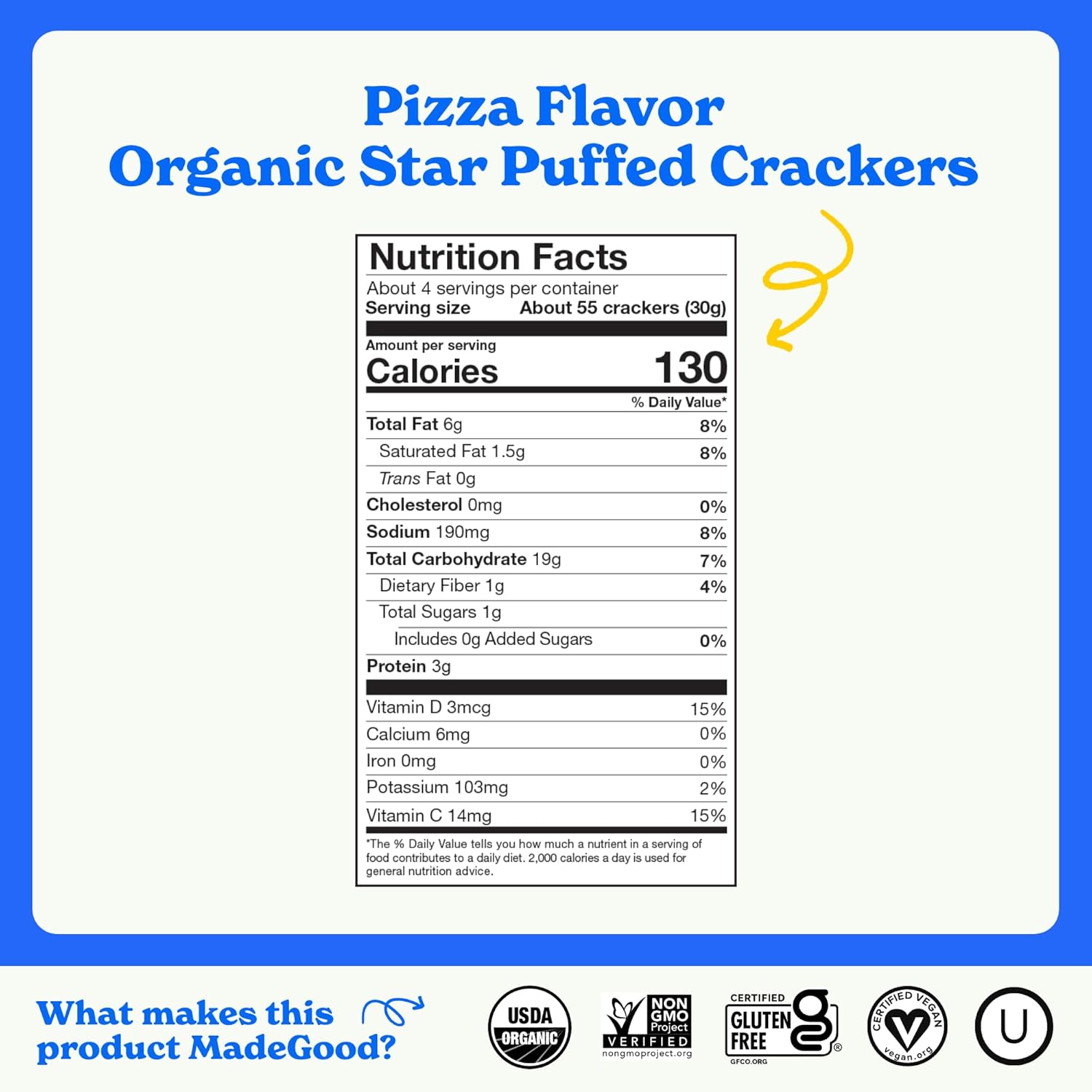 MadeGood Star Puffed Crackers, Pizza, 6 Bags (4.26oz Each) Gluten Free and Organic, Healthy Snacks