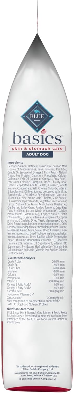 Blue Buffalo Basics Adult Dry Dog Food, Skin & Stomach Care, Limited Ingredient Diet for Dogs, Salmon Recipe, 24-lb. Bag