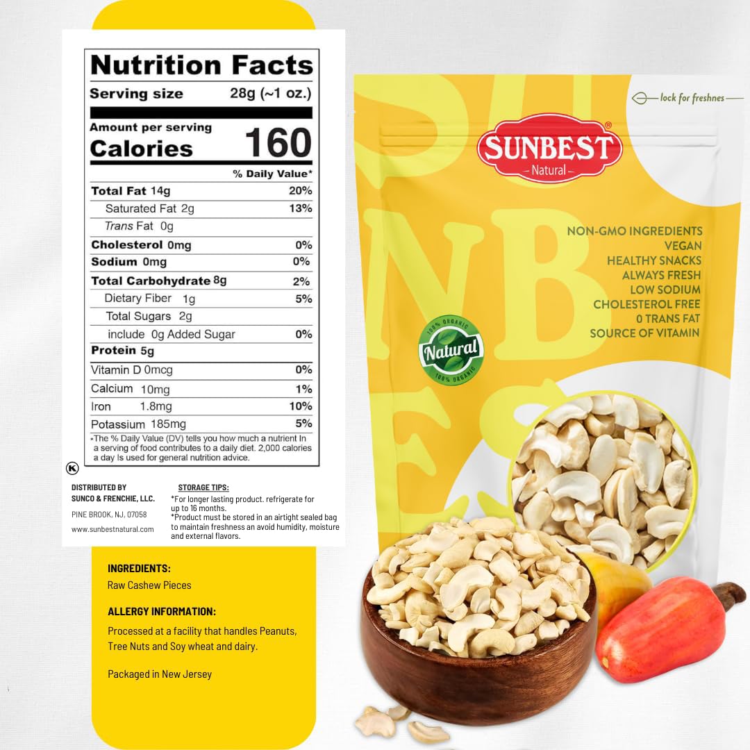 Sunbest Natural Raw Cashew Halves & Pieces, 5 lbs – Unsalted & Unroasted – Bulk Cashews to Eat – For Party Snacks, Baking & Topping – Rich in Plant-Based Protein & Fiber (80 oz)