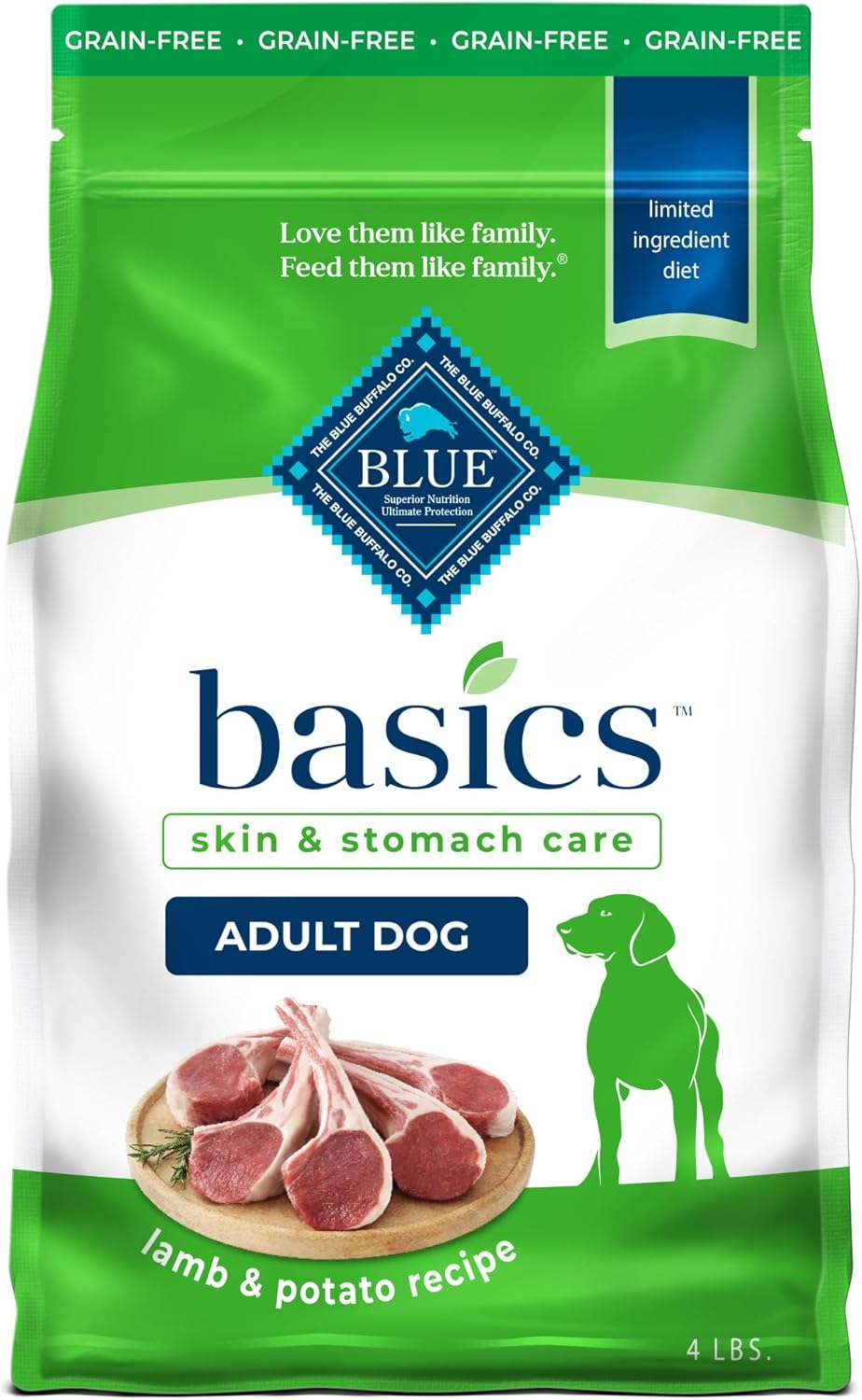 Blue Buffalo Basics Grain-Free Adult Dry Dog Food, Skin & Stomach Care, Limited Ingredient Diet for Dogs, Turkey Recipe, 4-lb. Bag