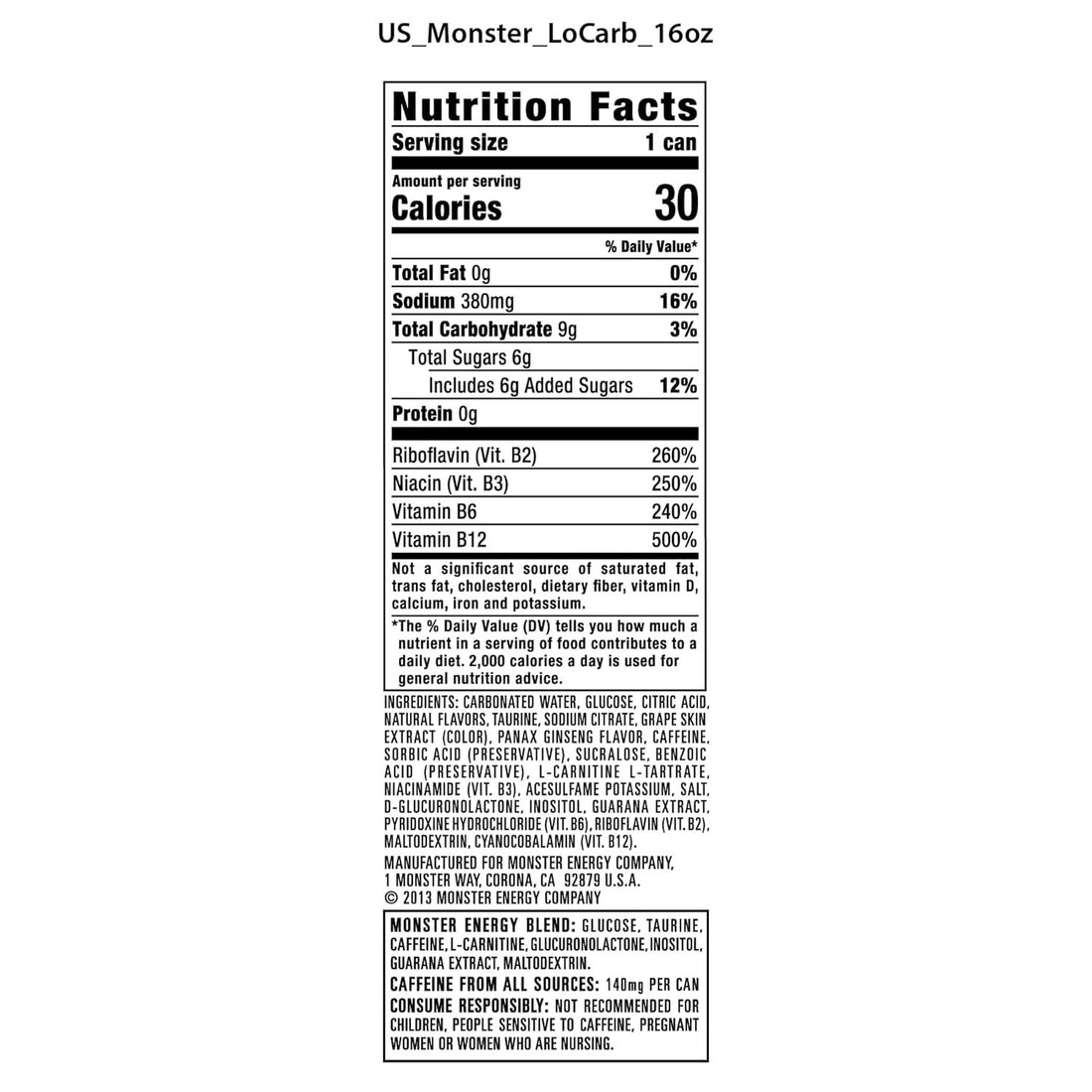 Monster Energy, Lo-Carb Monster, Low Carb Energy Drink, 16 Ounce | Pack of 15