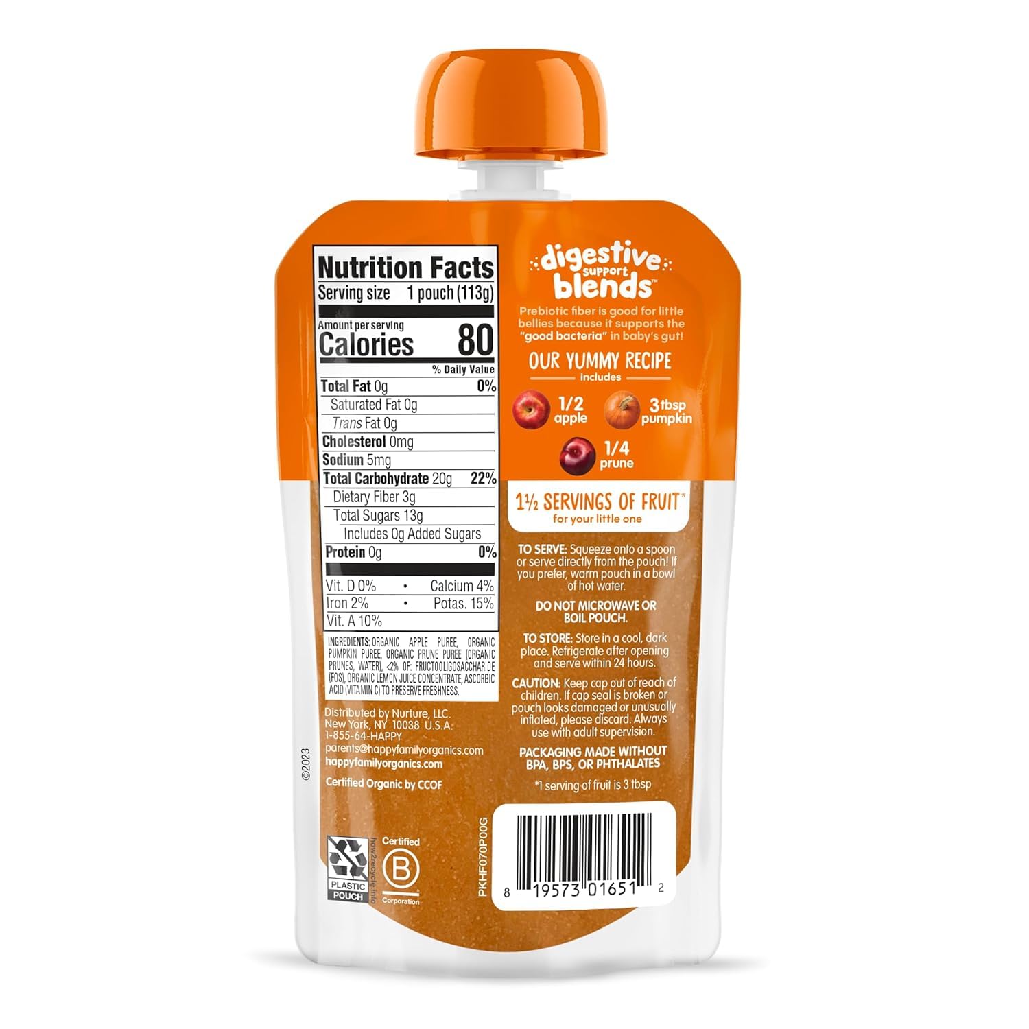 Happy Baby Organics Clearly Crafted Stage 1 Baby Food Pouches, Prunes, 3.5 Ounce Pouch (Pack of 16)