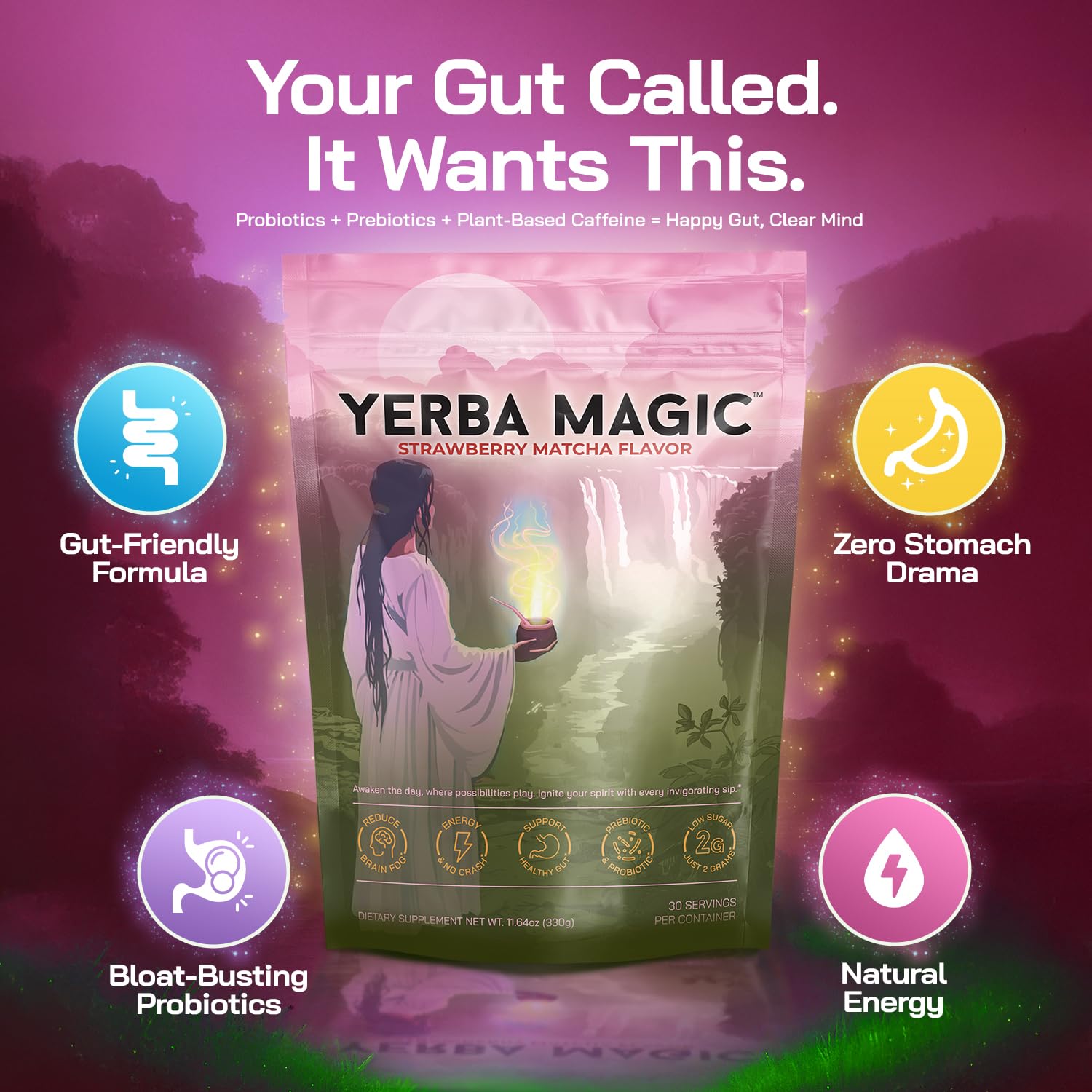 Yerba Magic – Yerba Mate Tea Instant Powder Super Drink with Nootropics, Prebiotics & Probiotics – Clean Energy, Mental Clarity & Gut Wellness | Low Sugar, Natural Caffeine – Peach Mango, 30 Servings