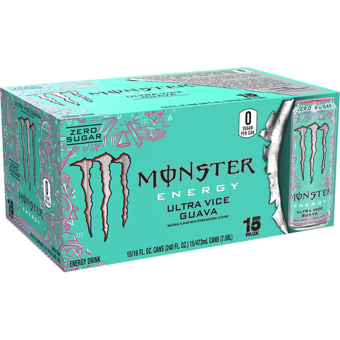 Monster Energy Ultra Vice Guava, Sugar Free Energy Drink, 16 Ounce (Pack of 15)