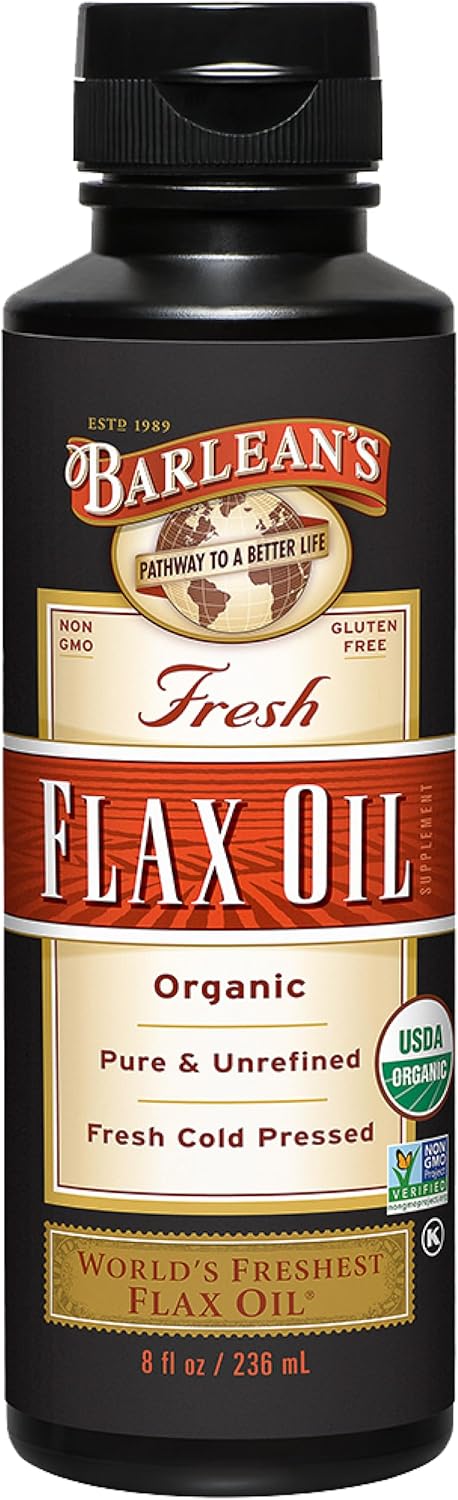 Barlean's Organic Flaxseed Oil Liquid from Fresh Cold Pressed Flax Seeds, 7,640mg ALA Omega 3 Fatty Acid Supplement for Healthy Hair and Skin, Vegan and Gluten Free, 16 oz