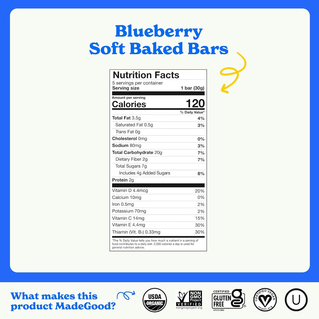 MadeGood Mornings Soft Baked Breakfast Bars, Blueberry, 1.06 Oz (30 Count) Gluten Free Snacks