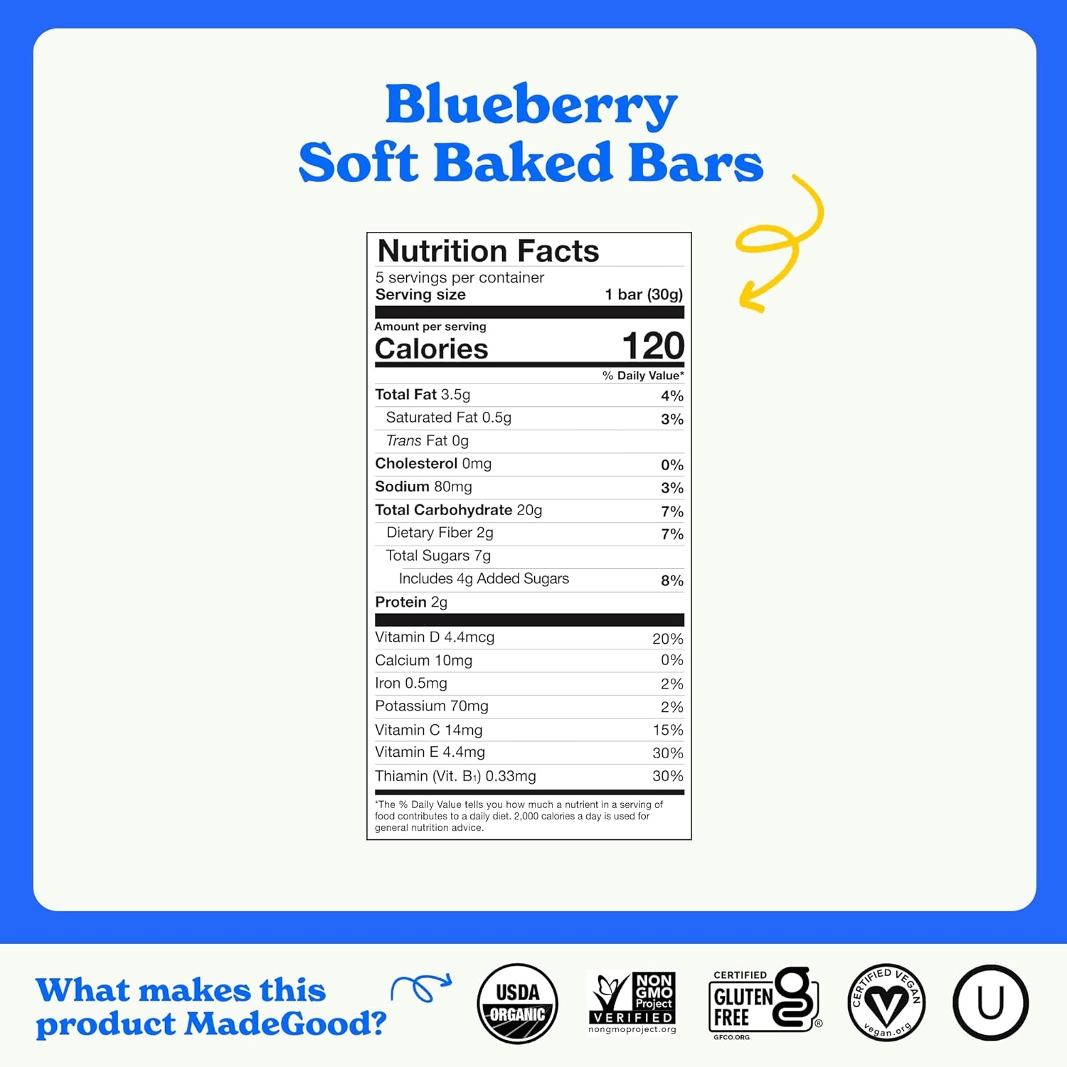 MadeGood Mornings Soft Baked Breakfast Bars, Blueberry, 1.06 Oz (30 Count) Gluten Free Snacks