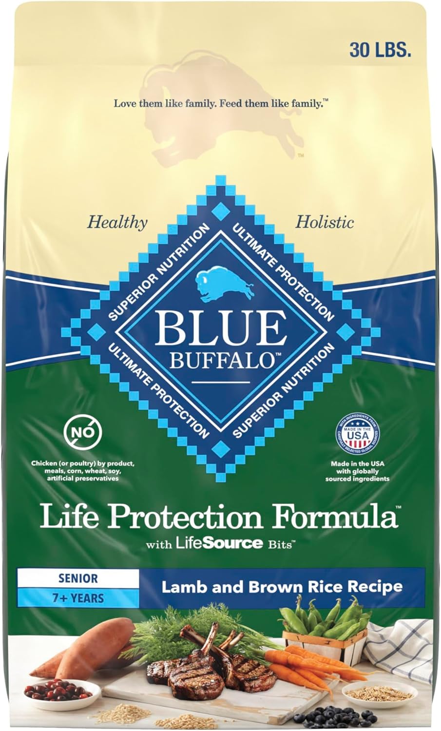 Blue Buffalo Life Protection Formula with LifeSource Bits, Senior 7+ Dry Dog Food, Lamb and Brown Rice Recipe, Natural Food for Dogs, 30 lb. Bag