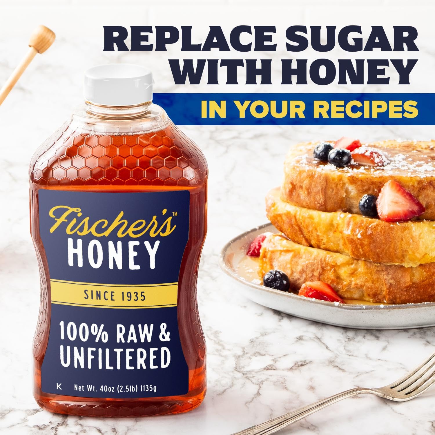 Fischer's 100% Pure, Raw & Unfiltered Honey, 40 oz – All-Natural Sweetener – Rich Flavor Profile, Packed with Nutrients