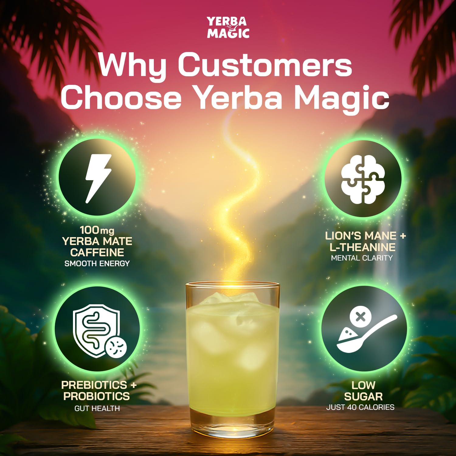 Yerba Magic – Yerba Mate Tea Instant Powder Super Drink with Nootropics, Prebiotics & Probiotics – Clean Energy, Mental Clarity & Gut Wellness | Low Sugar, Natural Caffeine – Peach Mango, 30 Servings