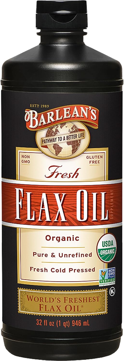 Barlean's Organic Flaxseed Oil Liquid from Fresh Cold Pressed Flax Seeds, 7,640mg ALA Omega 3 Fatty Acid Supplement for Healthy Hair and Skin, Vegan and Gluten Free, 16 oz