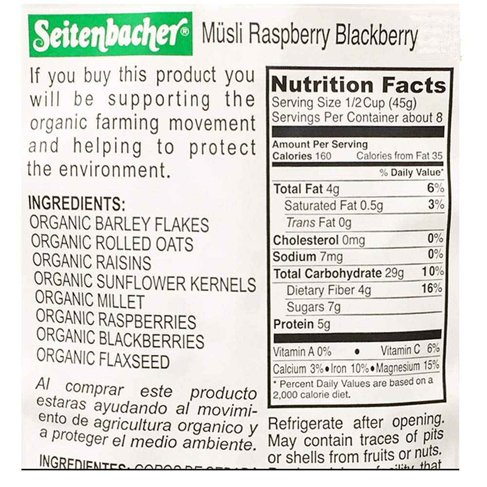 Seitenbacher Muesli Organic Oat, Barley, Raspberry and Blackberry Muesli, Wheat Free, 3 Pack 13.2-Ounce Bags, made in Germany