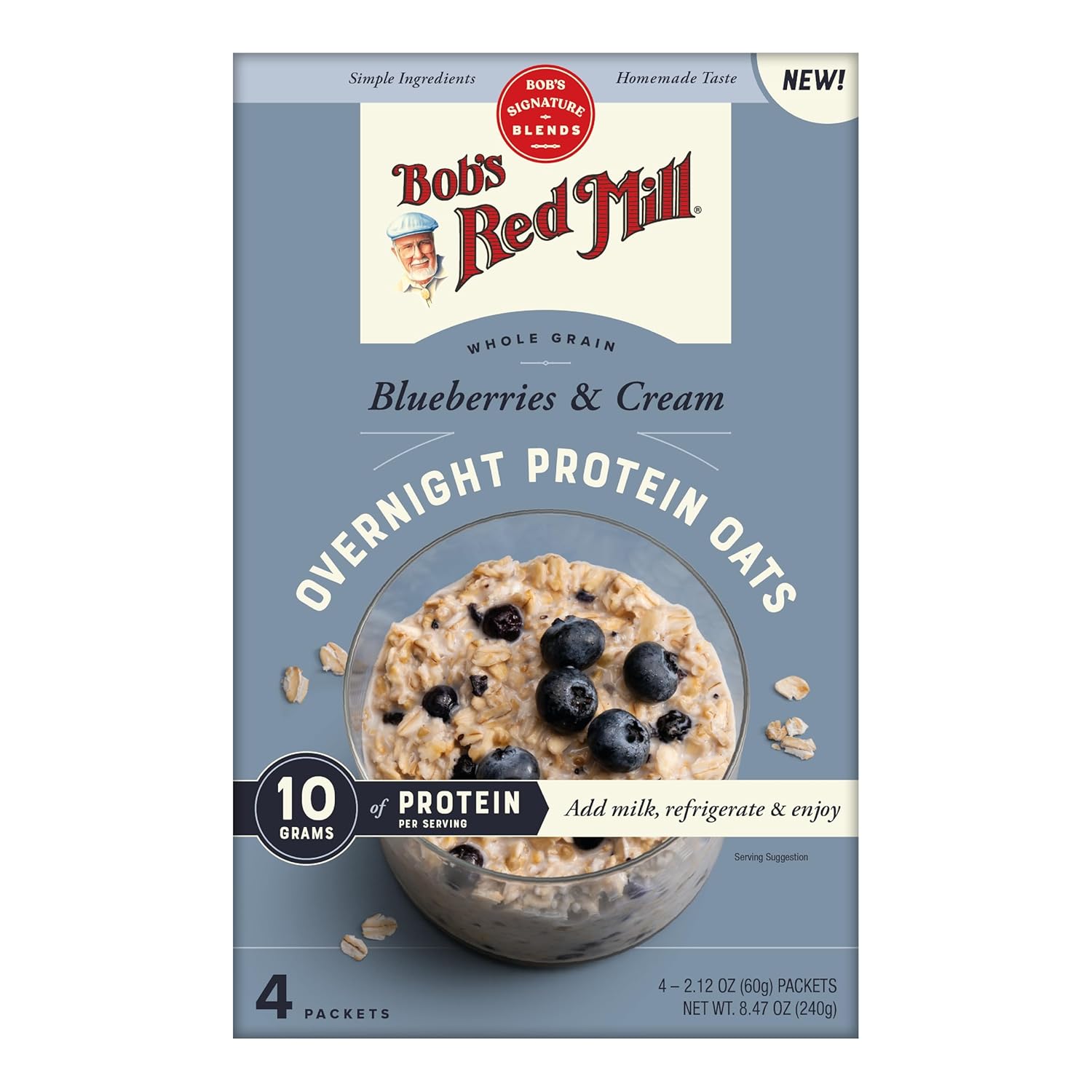 Bob's Red Mill Overnight Protein Oats, Blueberries & Cream, 16 Packets Total, Non-GMO, Gluten Free, Whole Grain