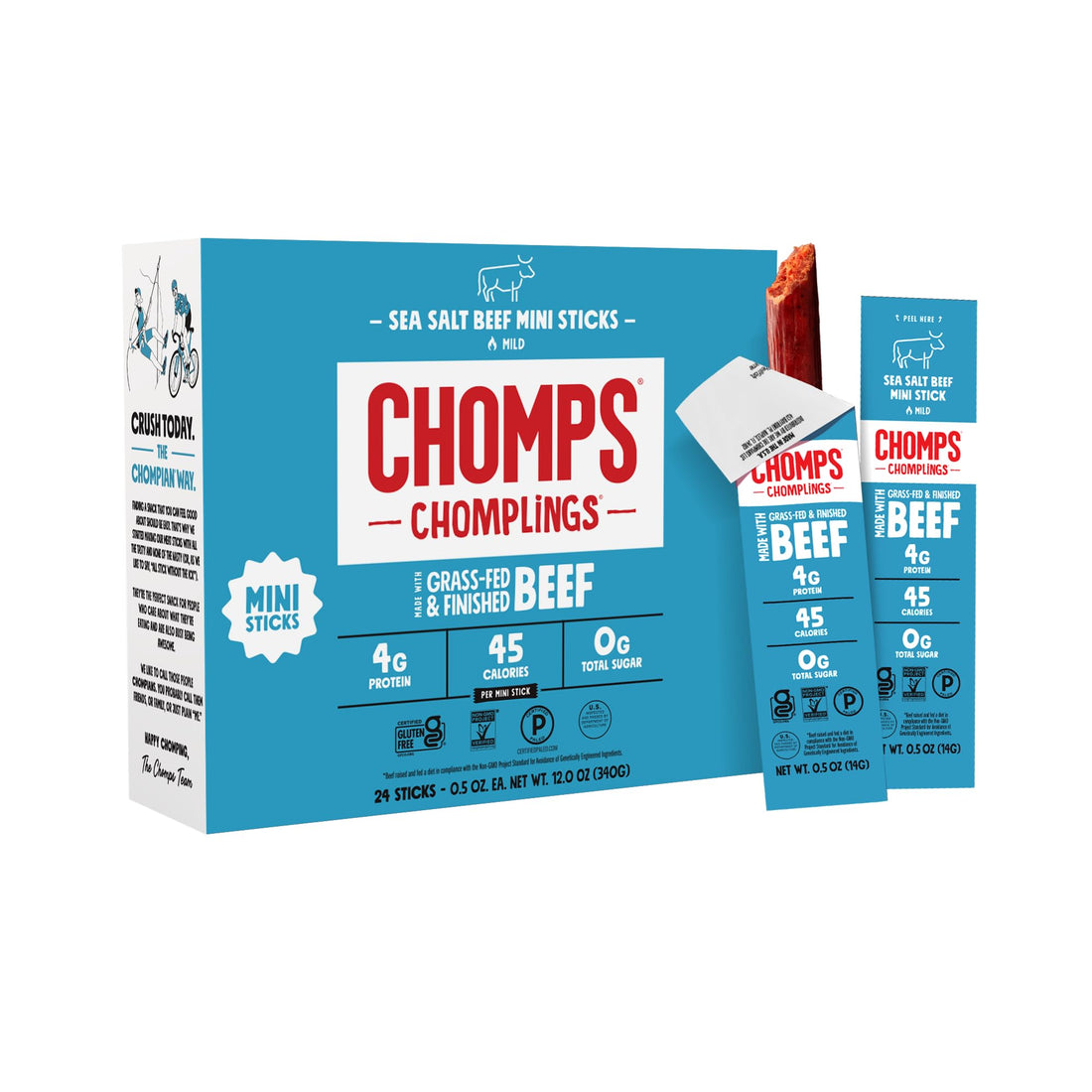 Chomps Snack Size Grass-Fed Original Beef Jerky Snack Sticks 0.5oz 24-Pack - Keto, Paleo, Whole30, 4g Lean Meat Protein, Gluten-Free, Zero Sugar Food, Non-GMO Chomplings