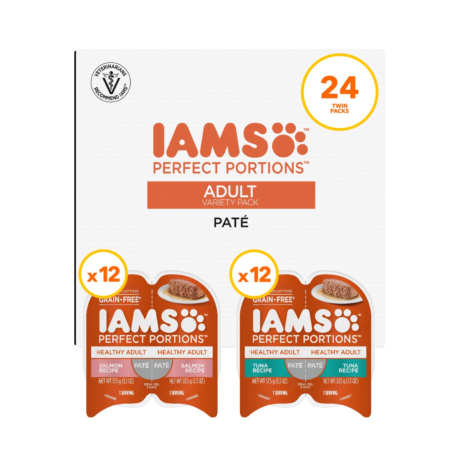 IAMS Perfect Portions Healthy Adult Wet Cat Food Pate, Chicken and Tuna Recipe Variety Pack, Easy Peel Twin-Pack Trays (12 Count, 24 Servings) (Pack of 2)